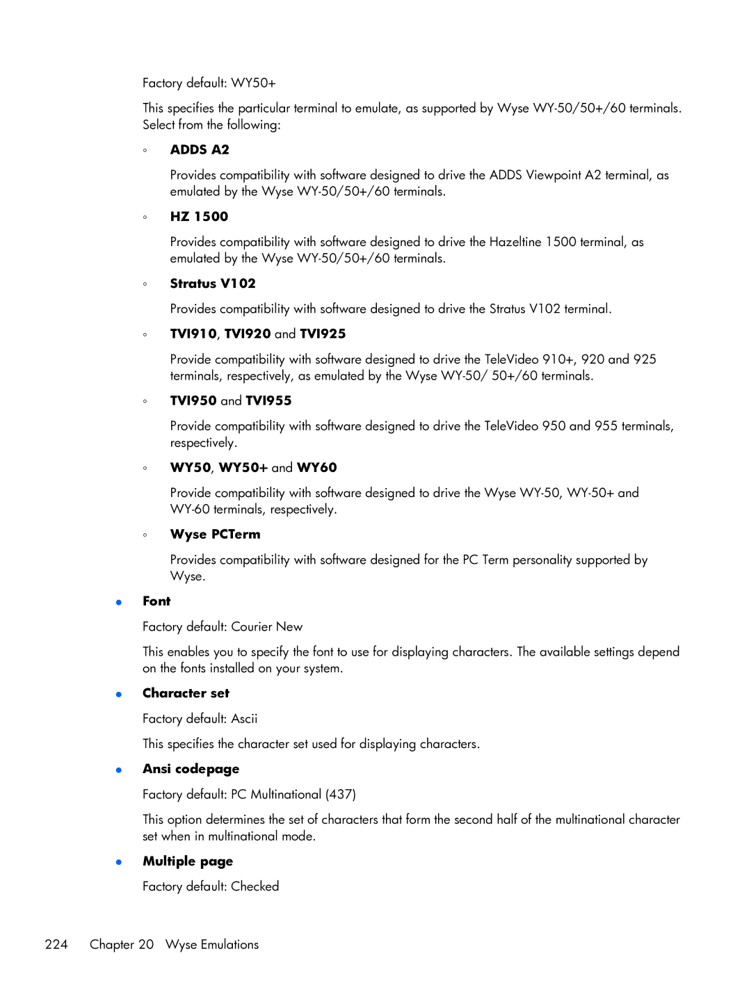 HP TeemTalk Terminal Emulator 8 E-License manual Character set Factory default Ascii, Multiple page Factory default Checked 