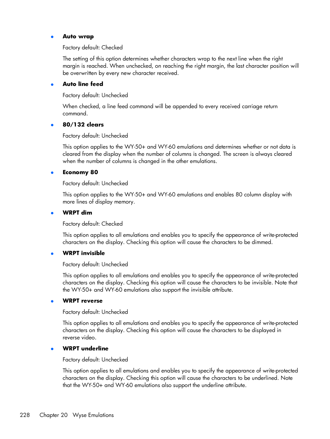 HP TeemTalk Terminal Emulator 8 E-License manual 80/132 clears, Economy, Wrpt dim, Wrpt invisible, Wrpt reverse 