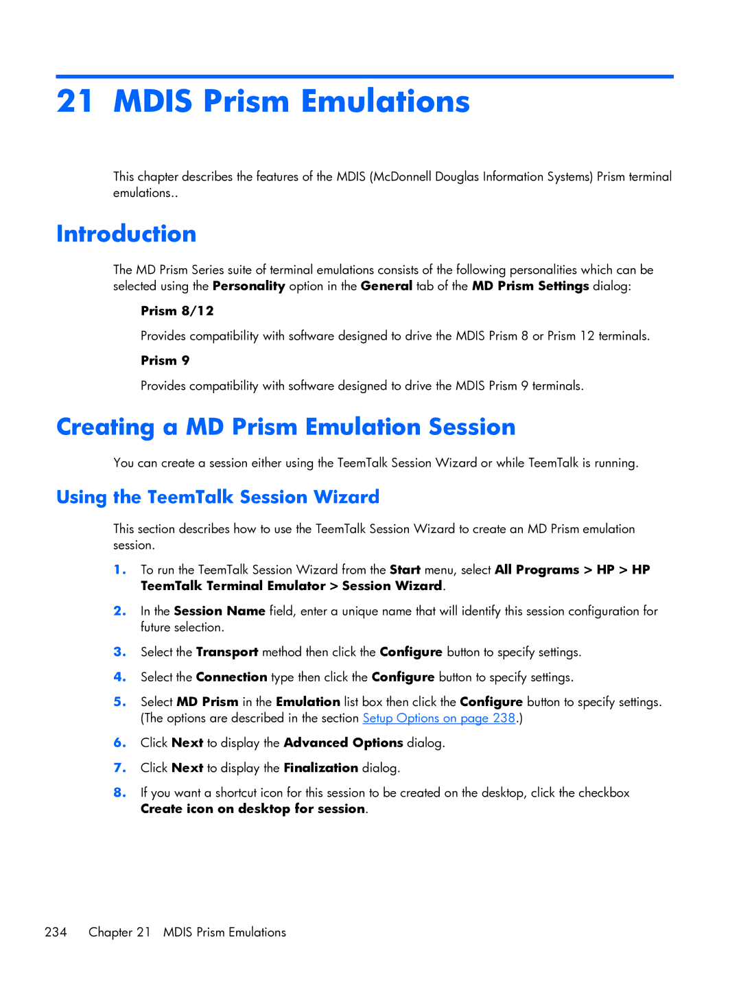 HP TeemTalk Terminal Emulator 8 E-License manual Mdis Prism Emulations, Creating a MD Prism Emulation Session, Prism 8/12 