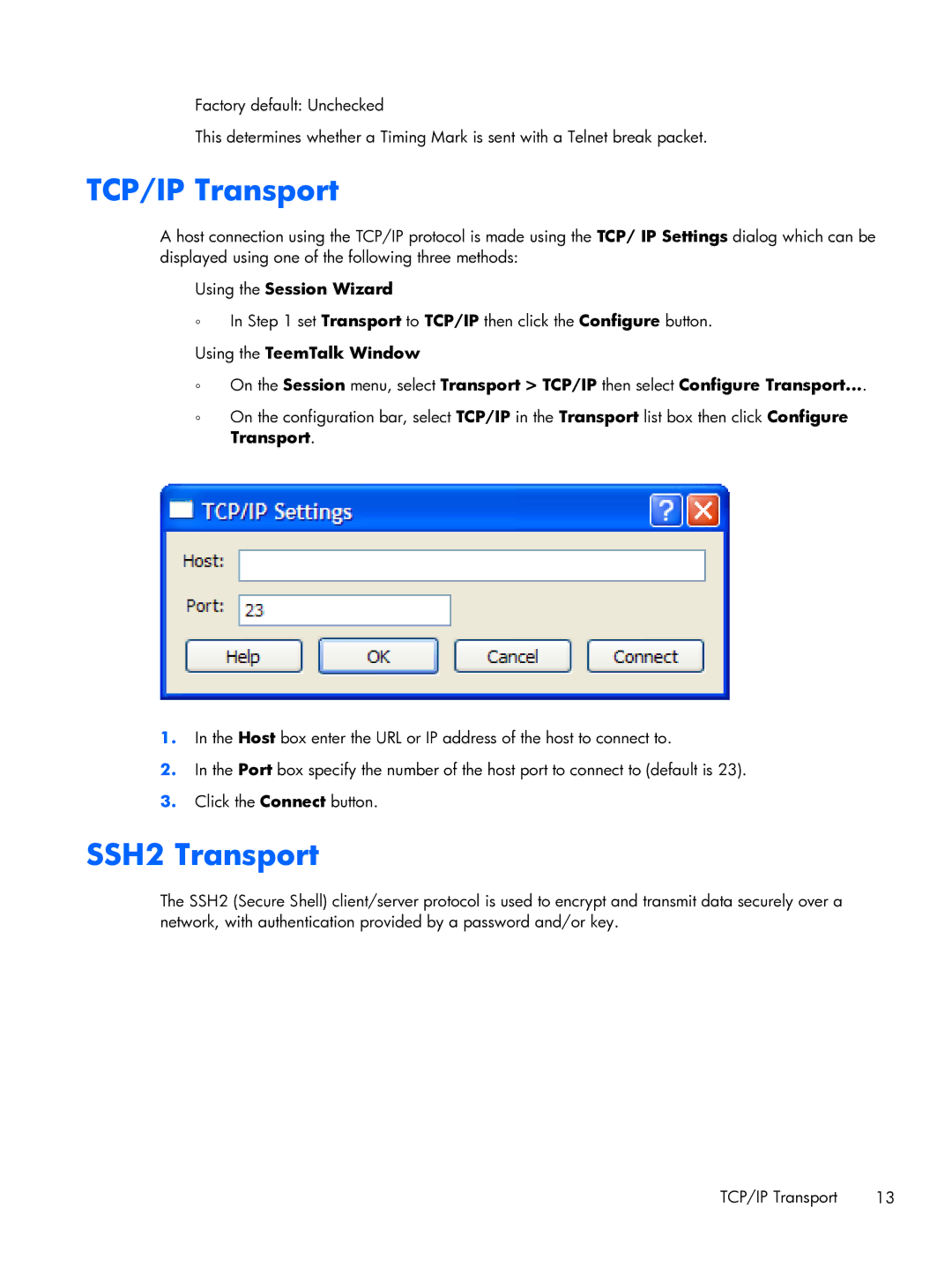 HP TeemTalk Terminal Emulator 8 E-License manual TCP/IP Transport, SSH2 Transport, Using the Session Wizard 