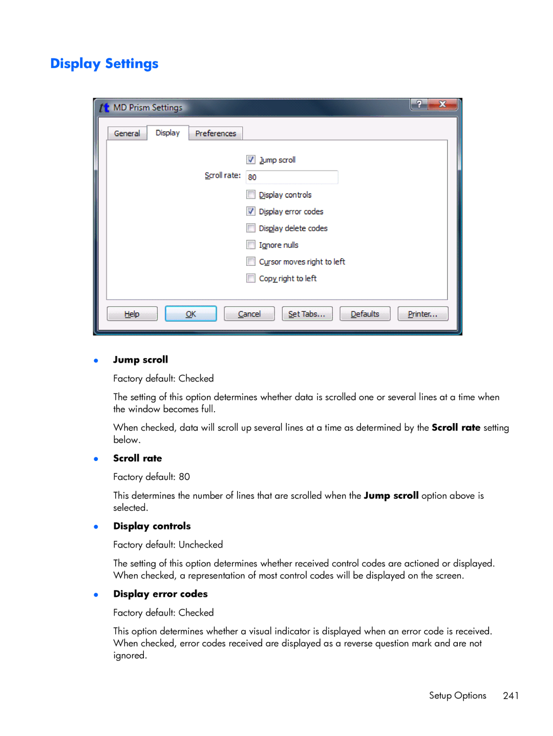 HP TeemTalk Terminal Emulator 8 E-License manual Display Settings 