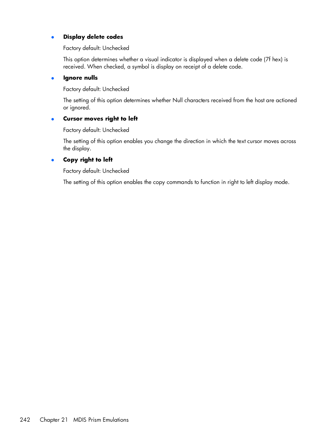 HP TeemTalk Terminal Emulator 8 E-License manual Display delete codes Factory default Unchecked, Ignore nulls 