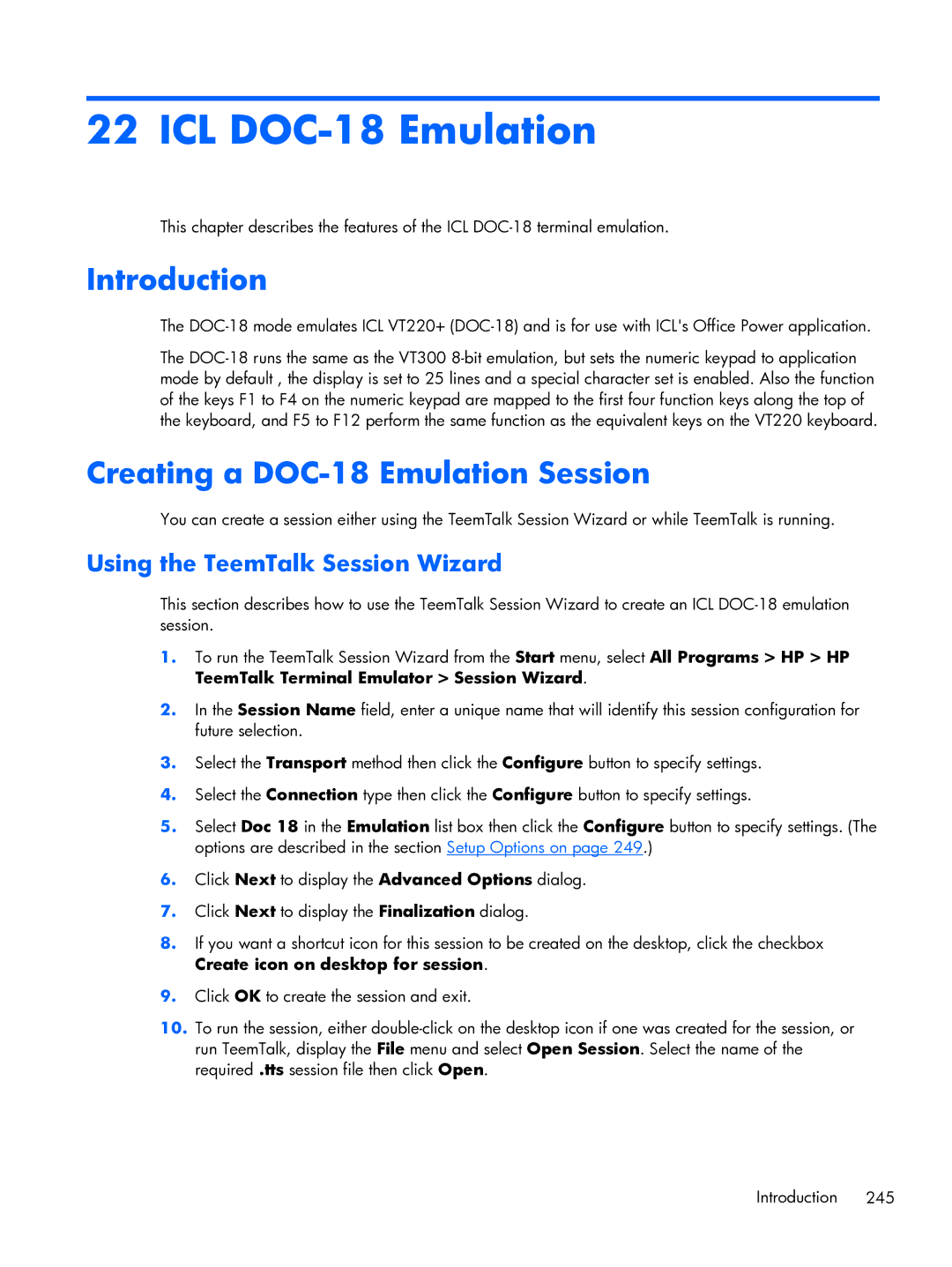 HP TeemTalk Terminal Emulator 8 E-License manual ICL DOC-18 Emulation, Creating a DOC-18 Emulation Session 