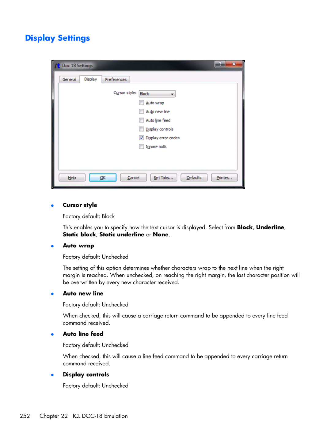 HP TeemTalk Terminal Emulator 8 E-License manual Display Settings 