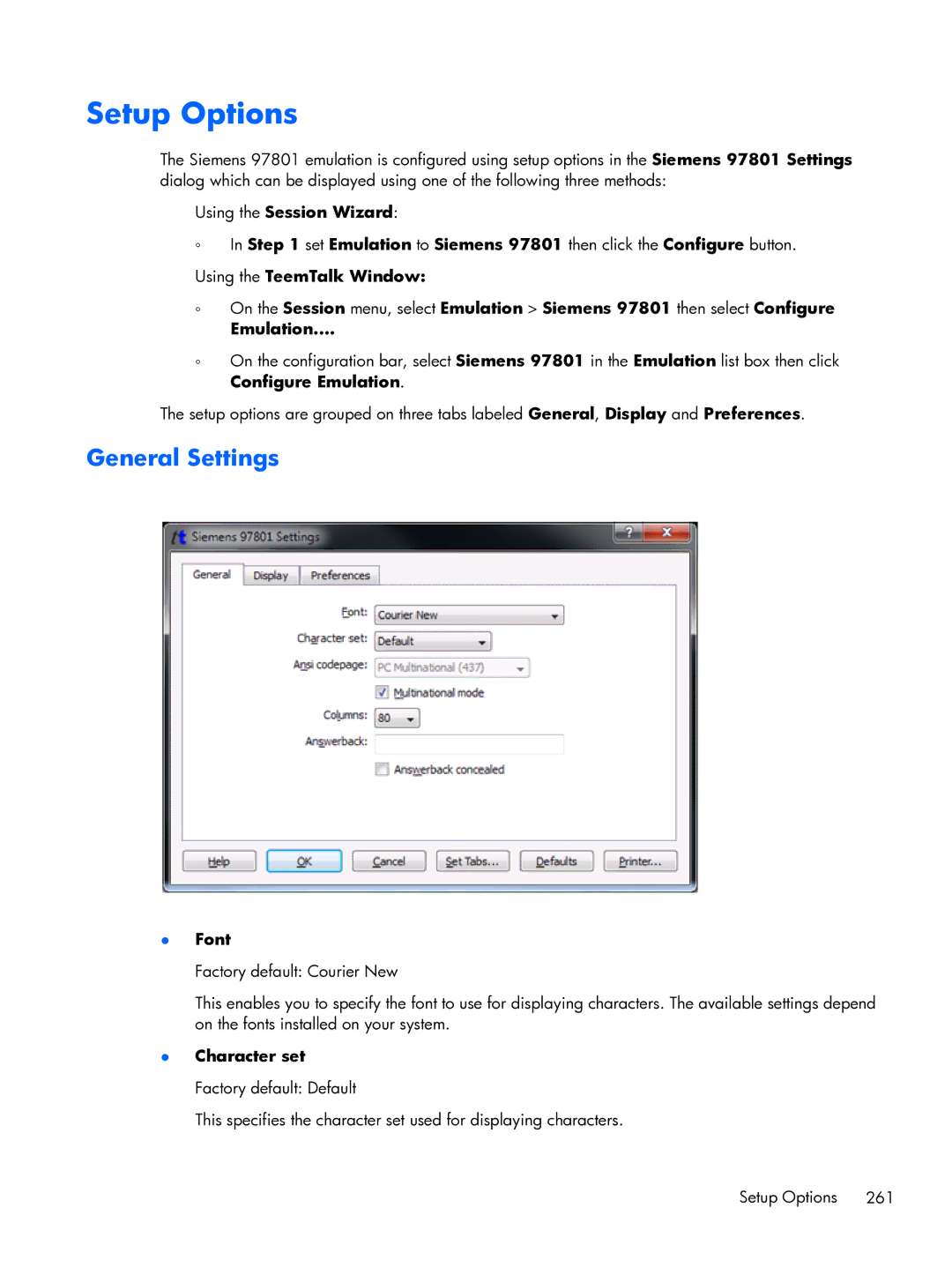 HP TeemTalk Terminal Emulator 8 E-License manual Setup Options, Character set Factory default Default 