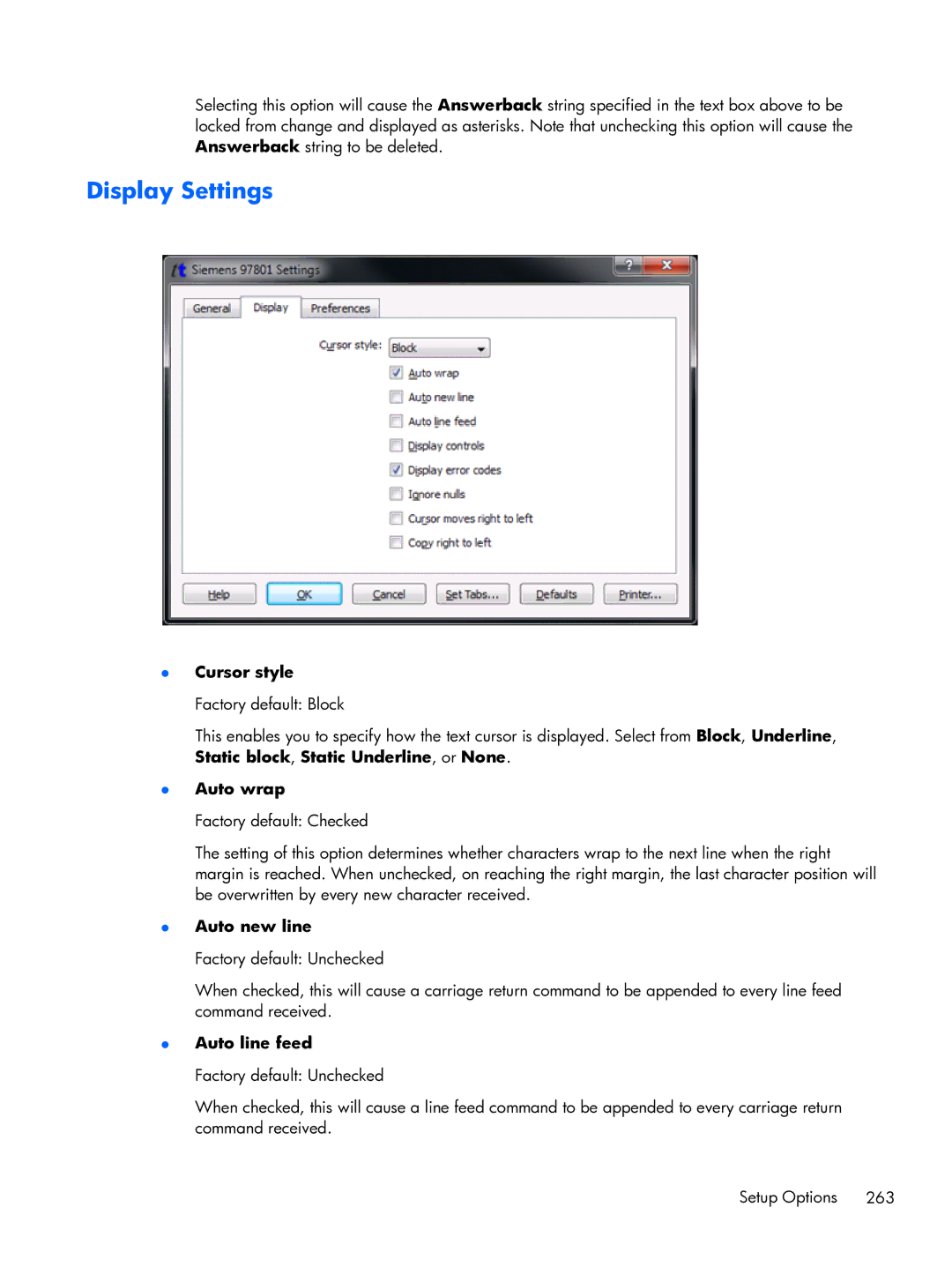 HP TeemTalk Terminal Emulator 8 E-License manual Display Settings 