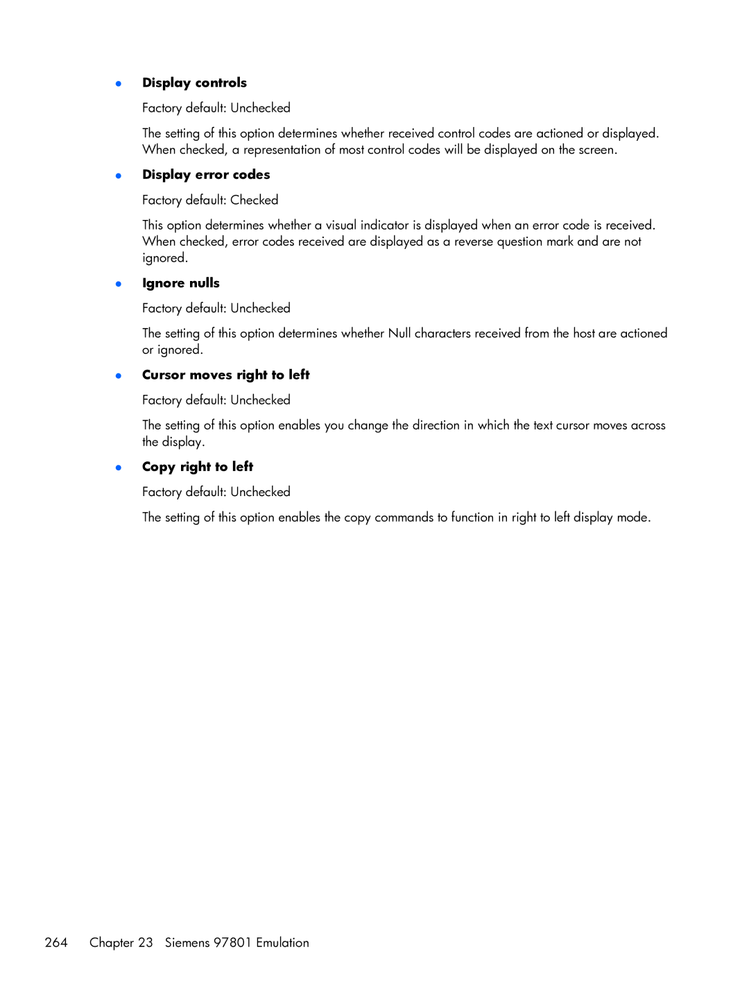 HP TeemTalk Terminal Emulator 8 E-License manual Display controls Factory default Unchecked 