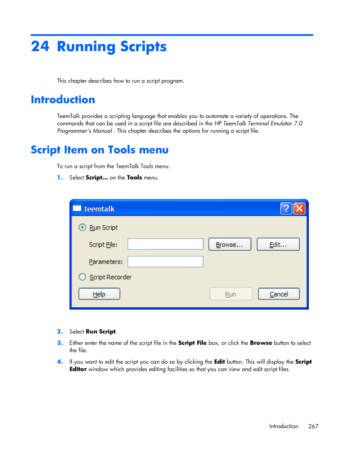 HP TeemTalk Terminal Emulator 8 E-License manual Running Scripts, Script Item on Tools menu, Select Run Script 