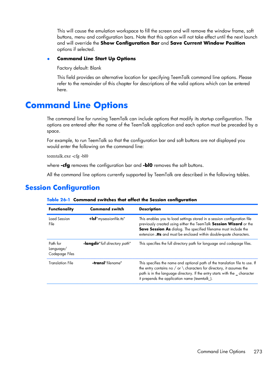 HP TeemTalk Terminal Emulator 8 E-License manual Command Line Options, Session Configuration 