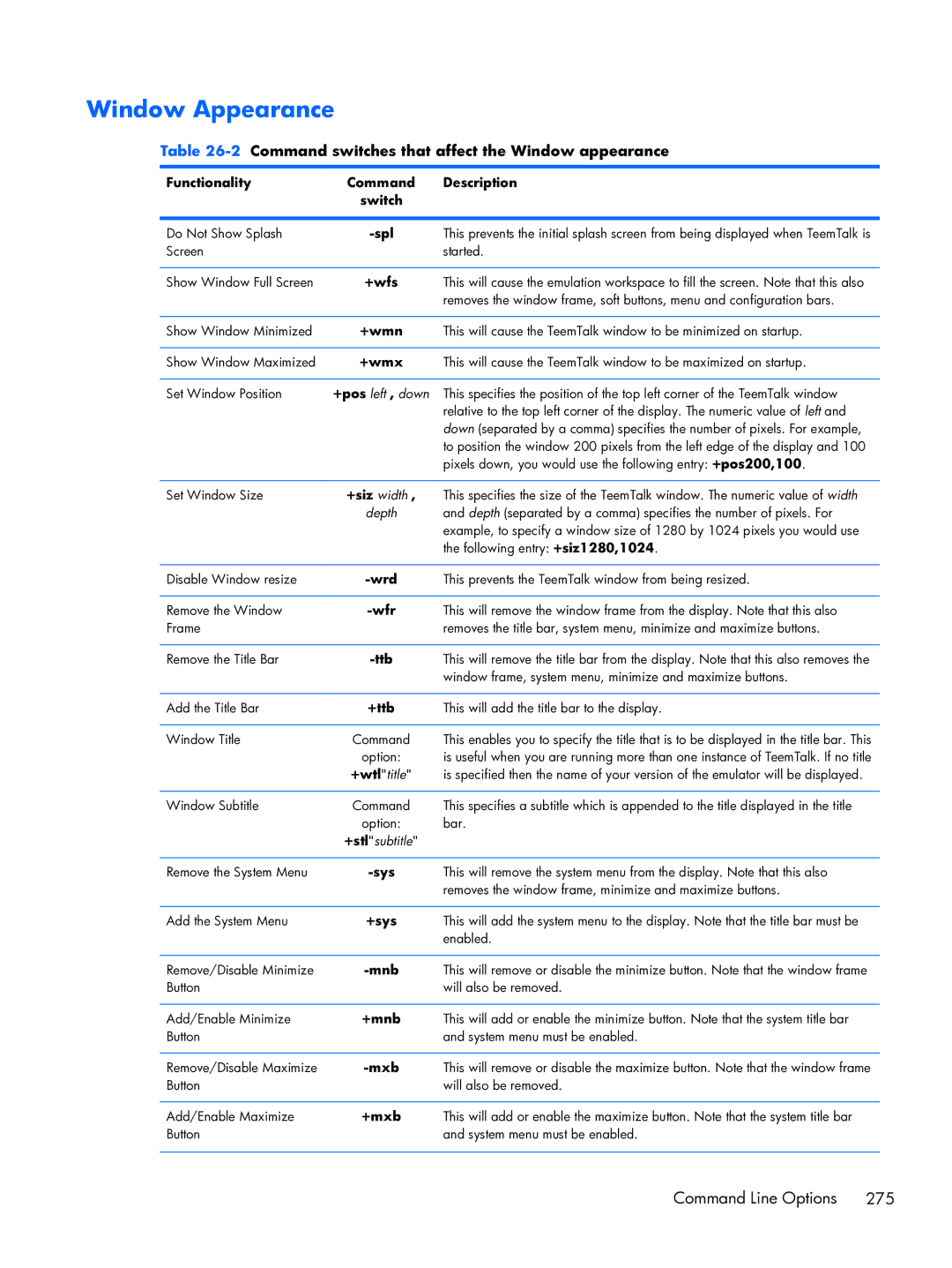 HP TeemTalk Terminal Emulator 8 E-License manual Window Appearance, 2Command switches that affect the Window appearance 