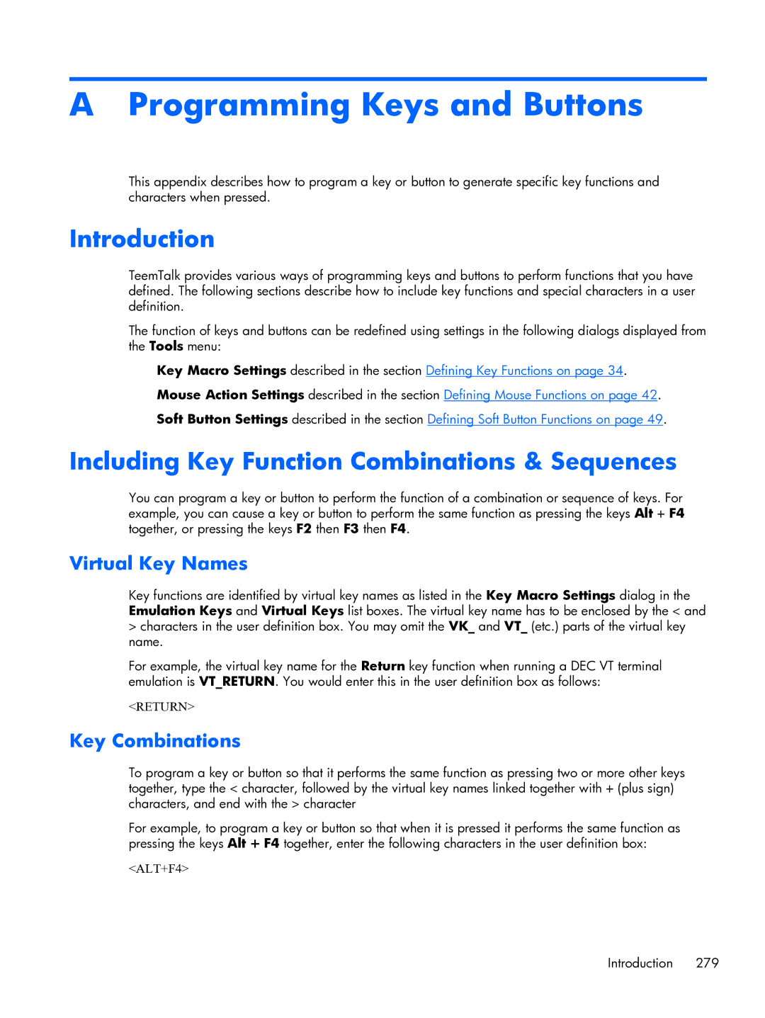 HP TeemTalk Terminal Emulator 8 E-License Programming Keys and Buttons, Including Key Function Combinations & Sequences 