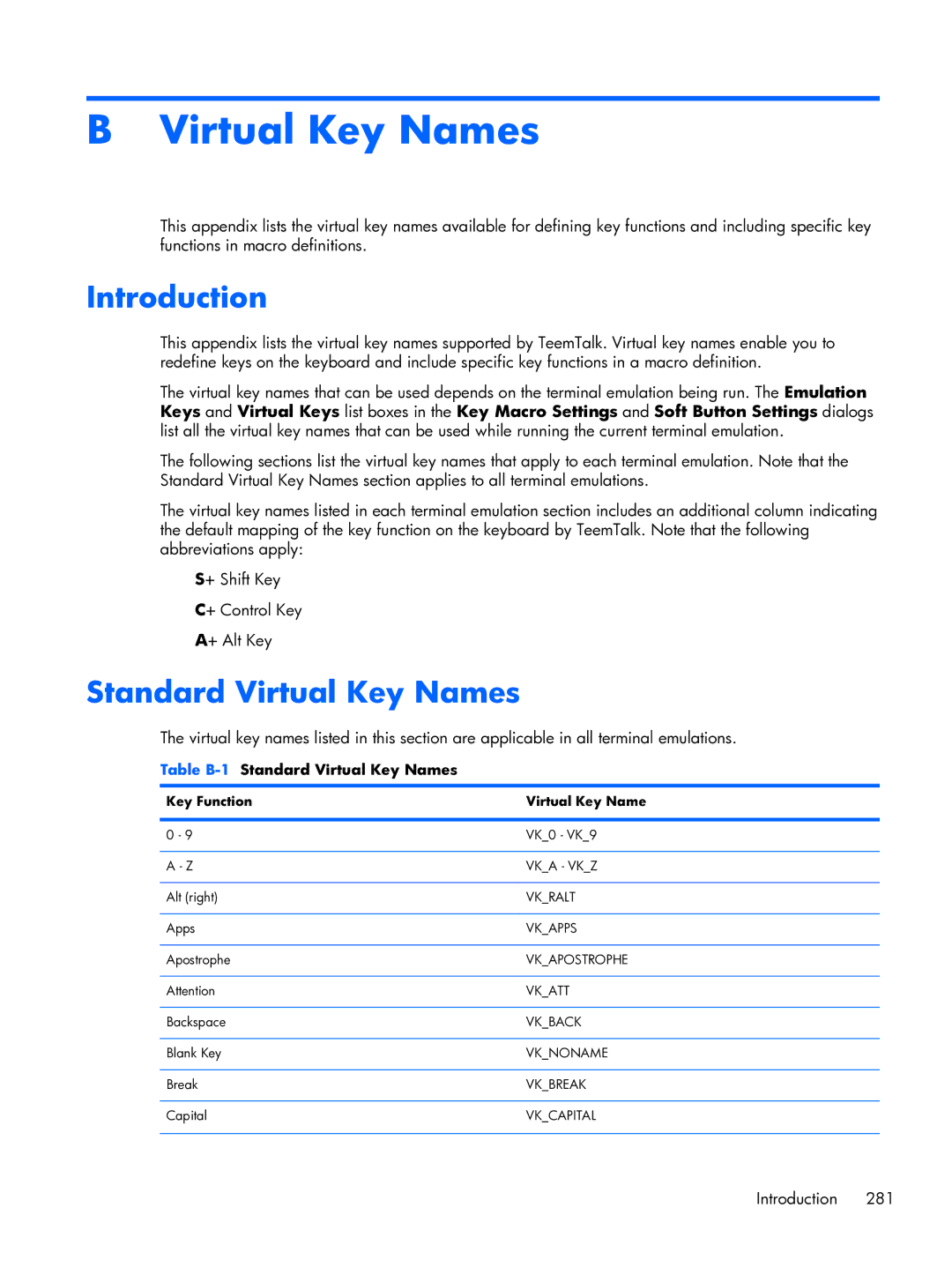 HP TeemTalk Terminal Emulator 8 E-License manual Table B-1Standard Virtual Key Names 