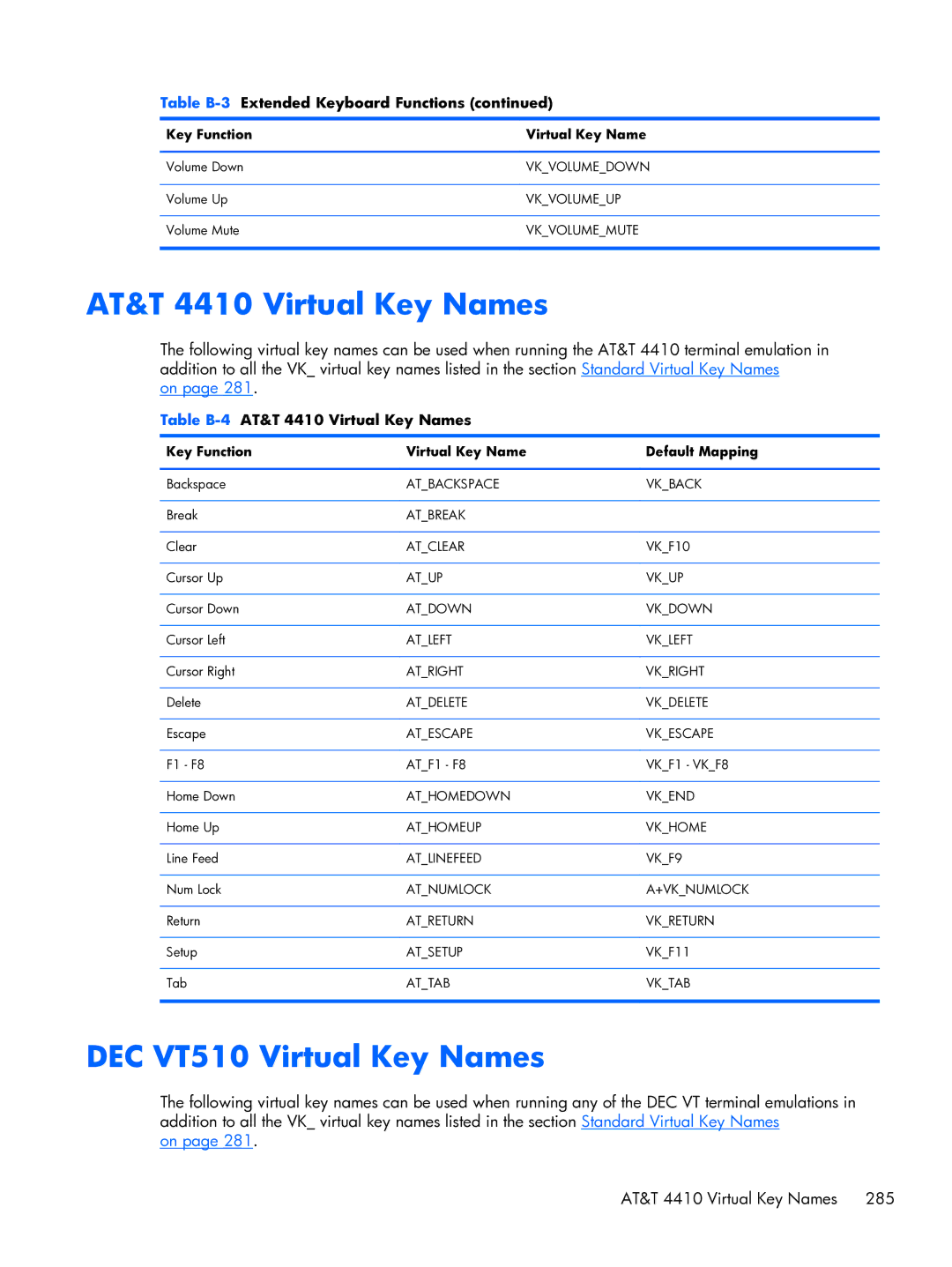 HP TeemTalk Terminal Emulator 8 E-License manual AT&T 4410 Virtual Key Names, DEC VT510 Virtual Key Names 