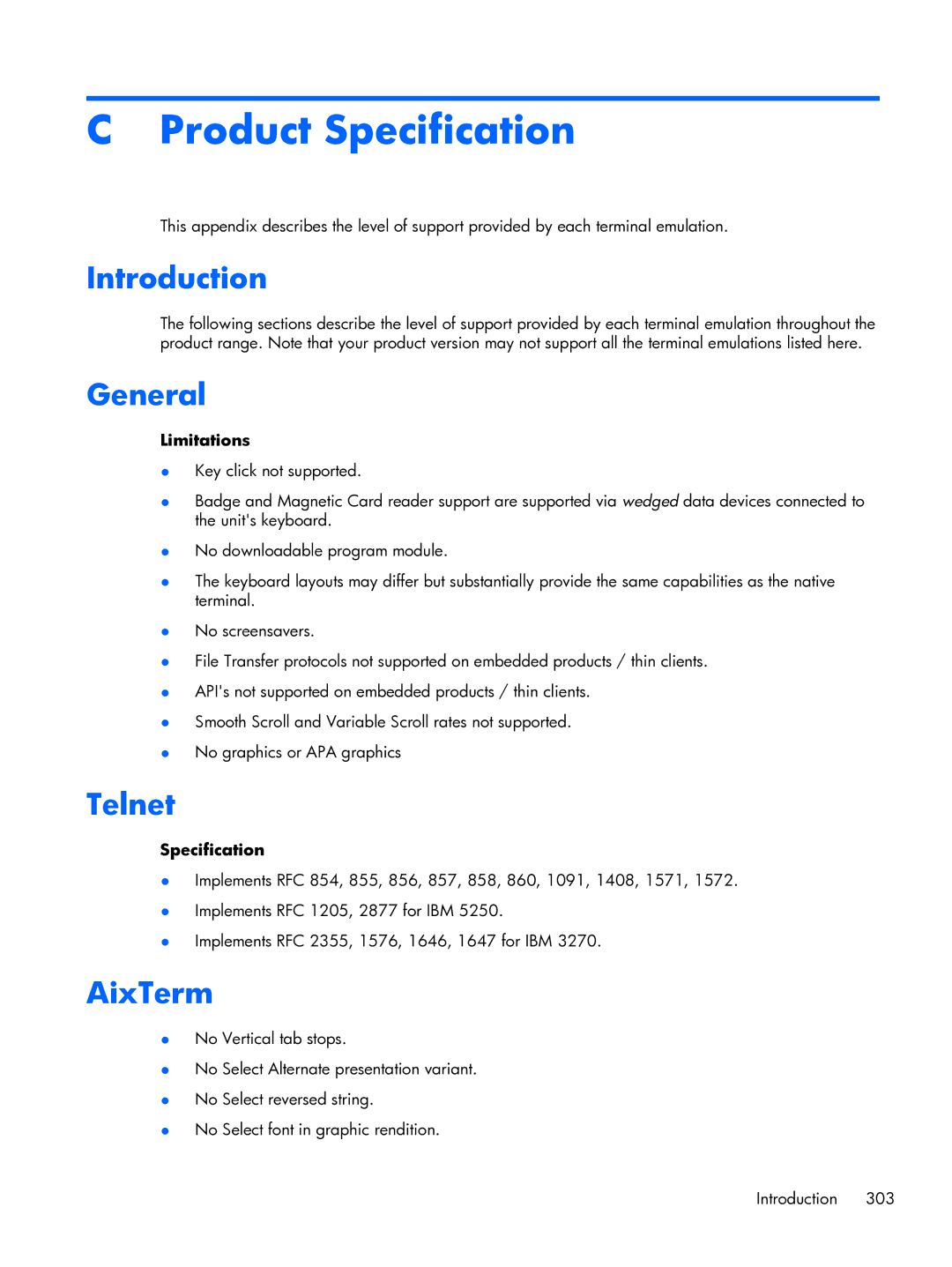 HP TeemTalk Terminal Emulator 8 E-License manual Product Specification, General, Telnet, AixTerm 