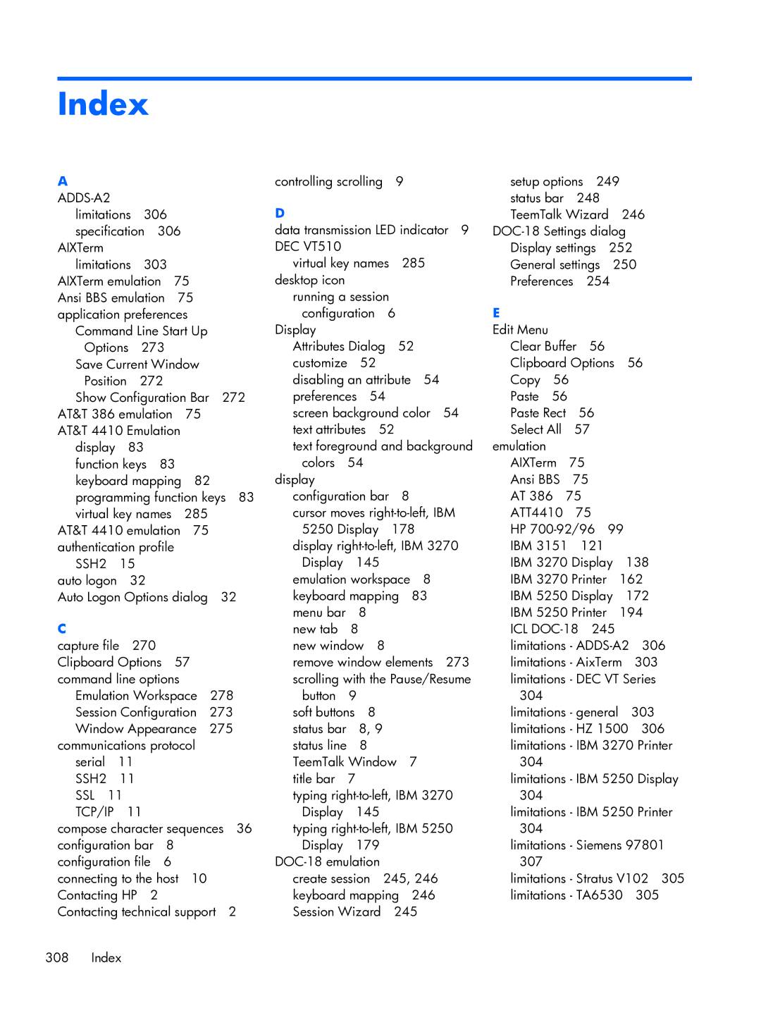 HP TeemTalk Terminal Emulator 8 E-License manual Index, ADDS-A2 