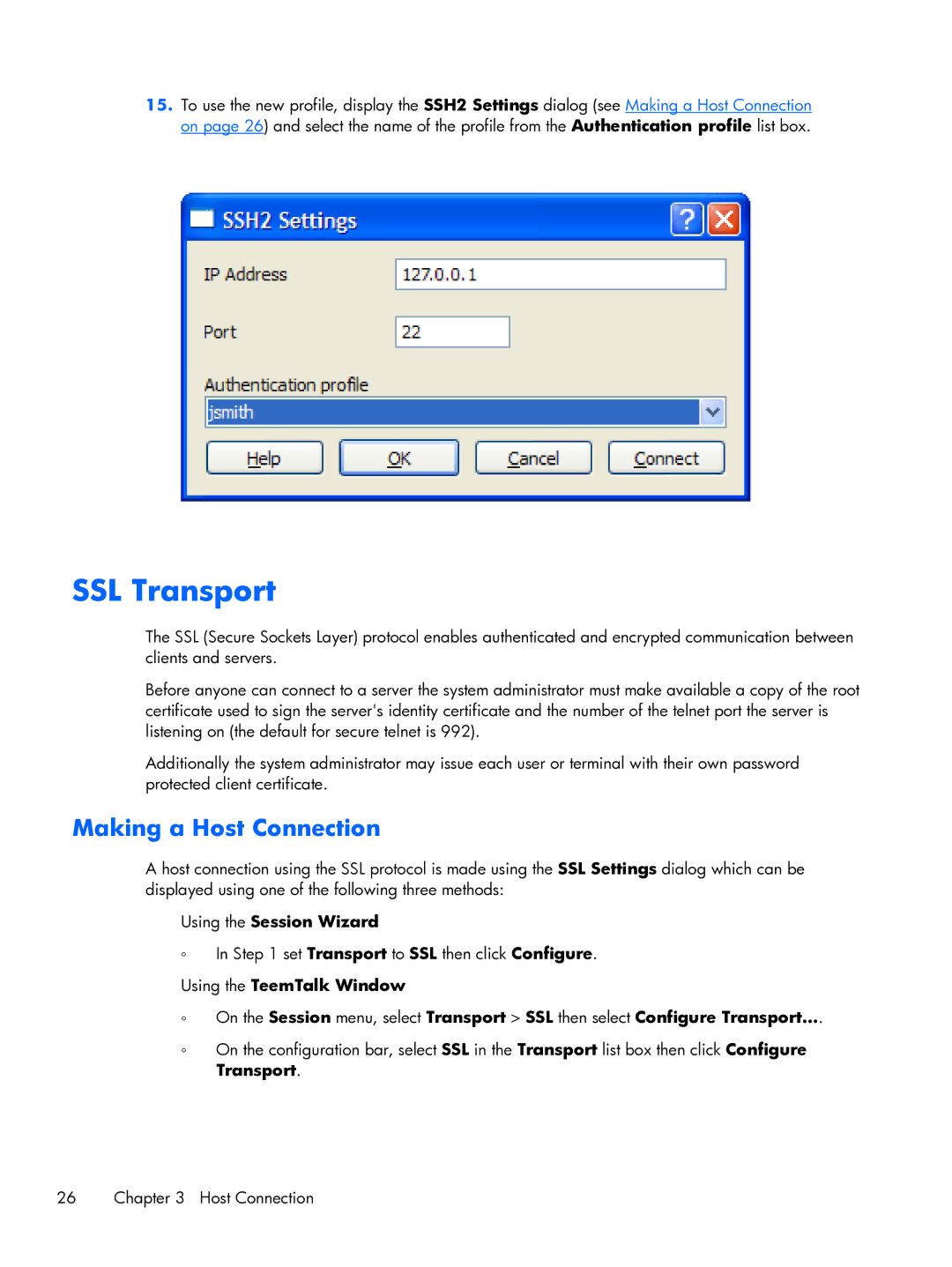 HP TeemTalk Terminal Emulator 8 E-License manual SSL Transport, Making a Host Connection 