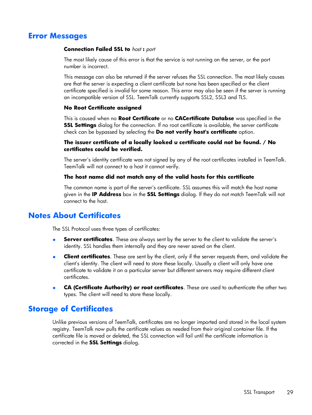 HP TeemTalk Terminal Emulator 8 E-License Error Messages, Storage of Certificates, Connection Failed SSL to host port 