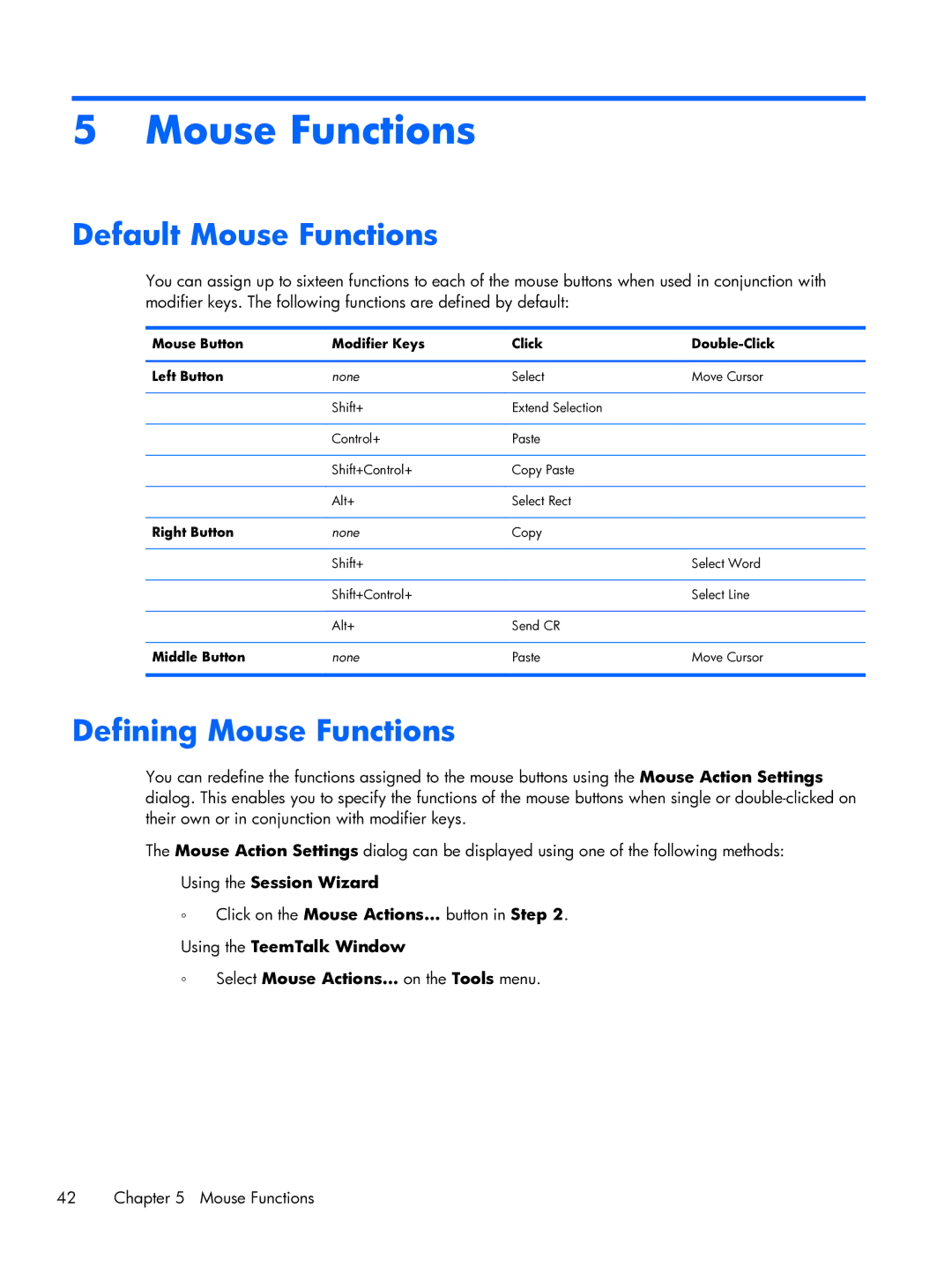 HP TeemTalk Terminal Emulator 8 E-License manual Default Mouse Functions, Defining Mouse Functions 