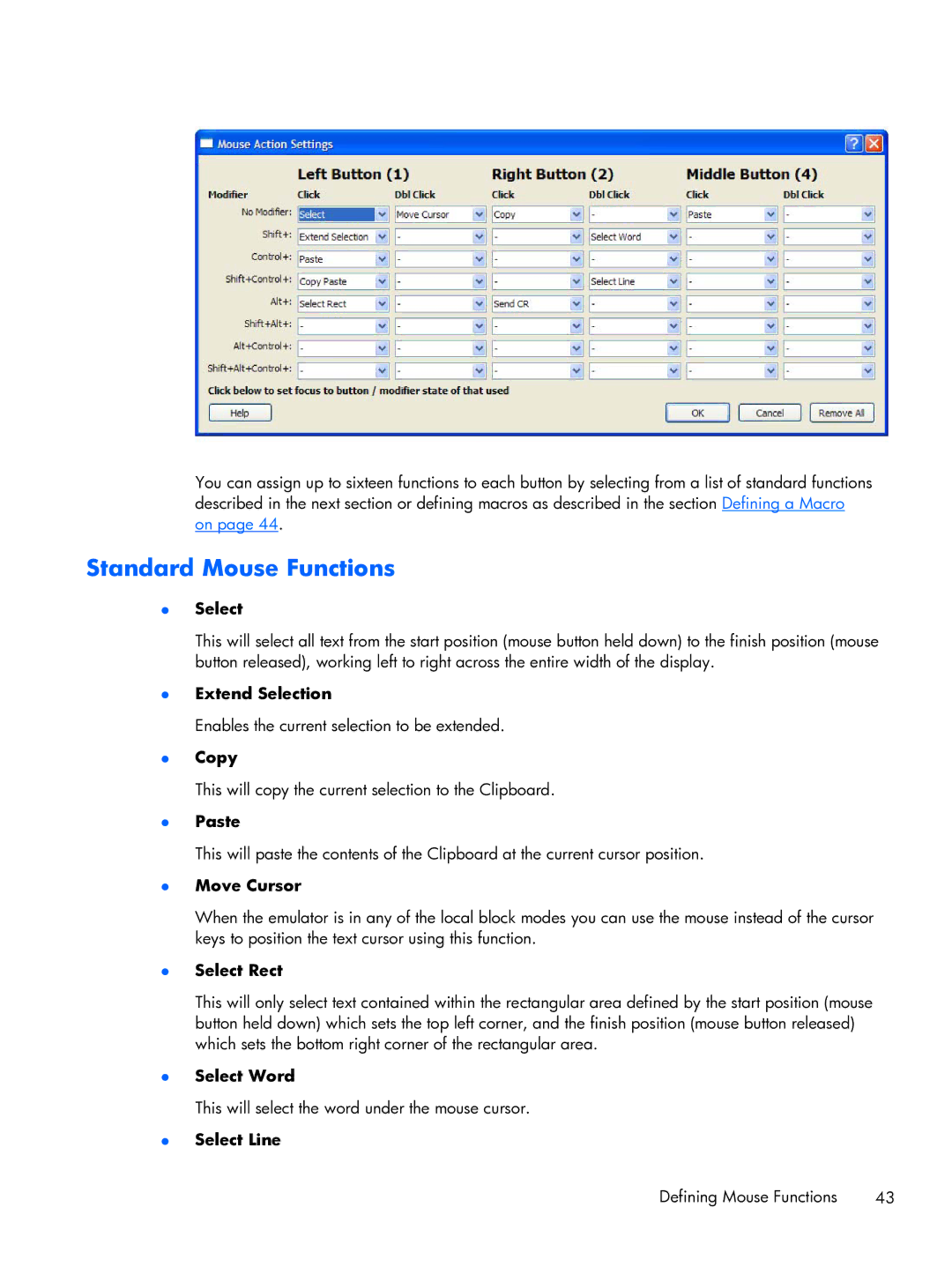 HP TeemTalk Terminal Emulator 8 E-License manual Standard Mouse Functions 