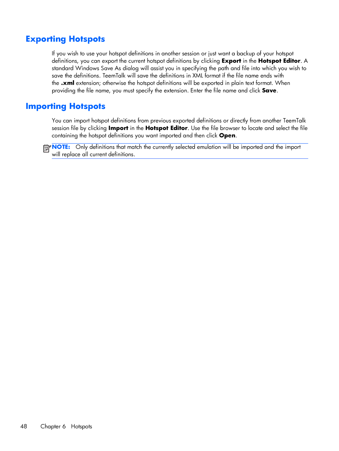 HP TeemTalk Terminal Emulator 8 E-License manual Exporting Hotspots, Importing Hotspots 