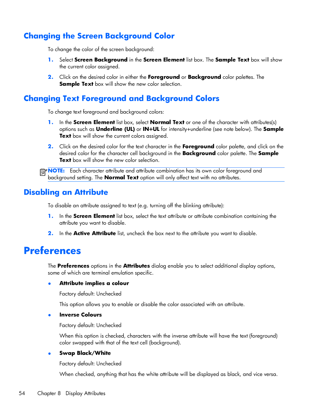 HP TeemTalk Terminal Emulator 8 E-License manual Preferences, Changing the Screen Background Color, Disabling an Attribute 