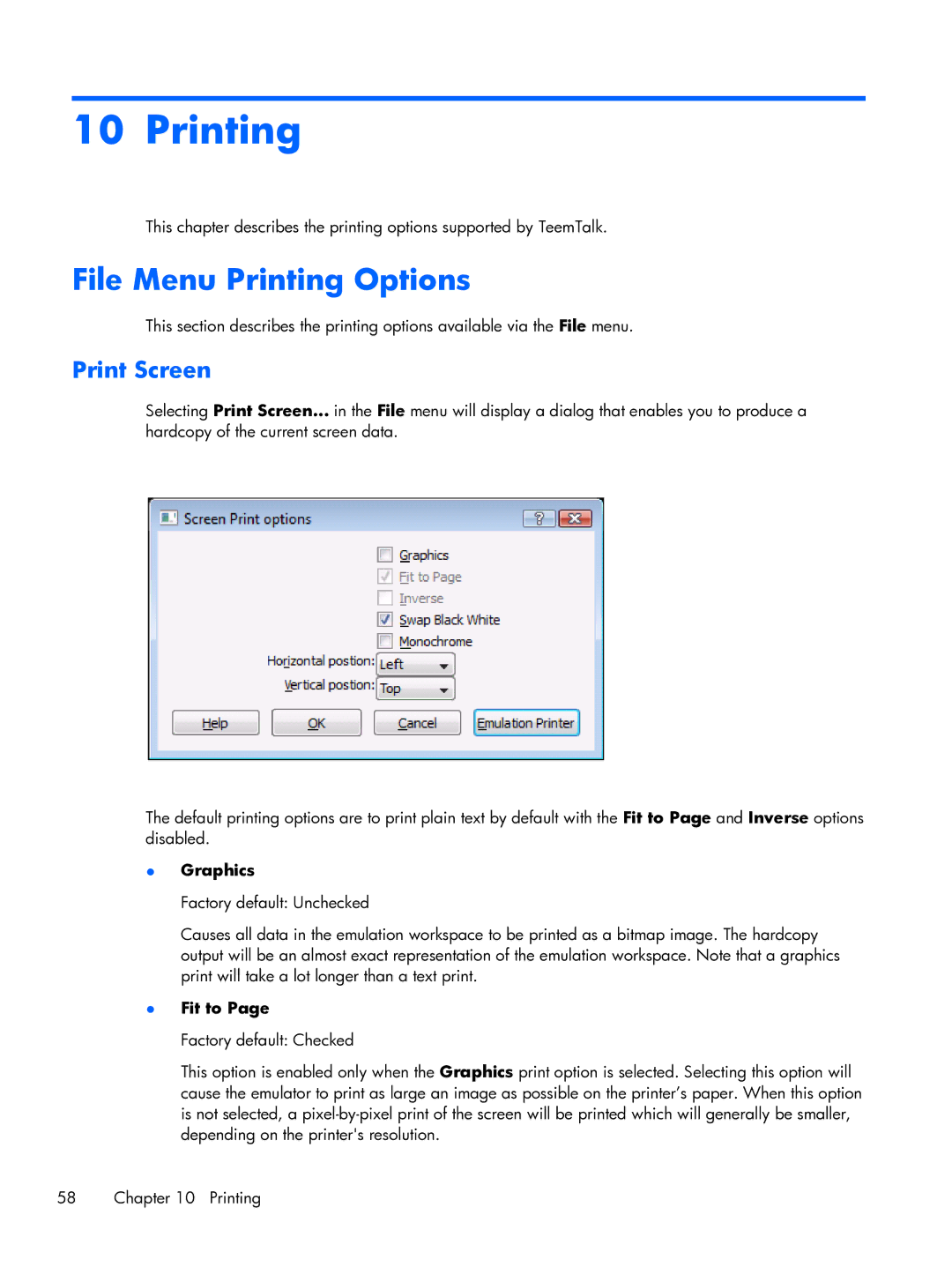 HP TeemTalk Terminal Emulator 8 E-License manual File Menu Printing Options, Print Screen, Graphics, Fit to 