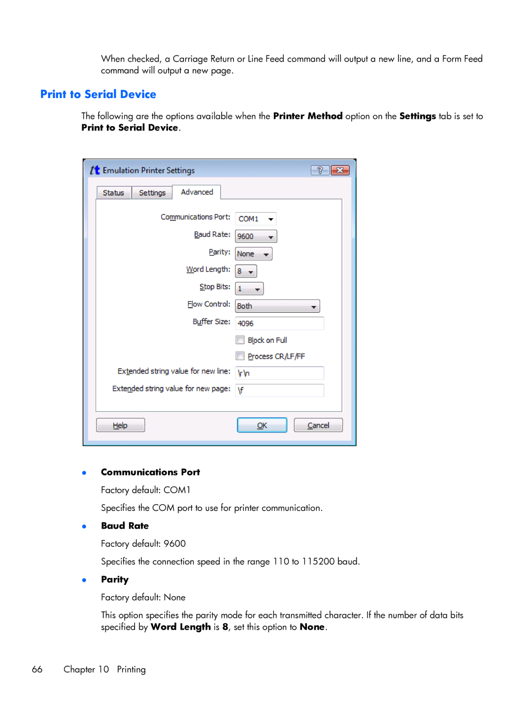 HP TeemTalk Terminal Emulator 8 E-License manual Print to Serial Device, Communications Port Factory default COM1 