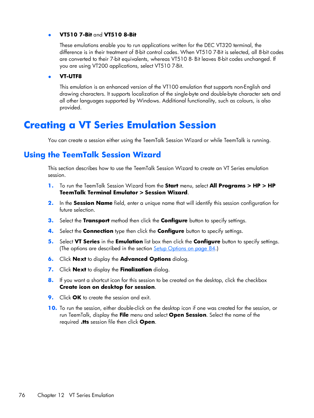 HP TeemTalk Terminal Emulator 8 E-License manual Creating a VT Series Emulation Session, Using the TeemTalk Session Wizard 