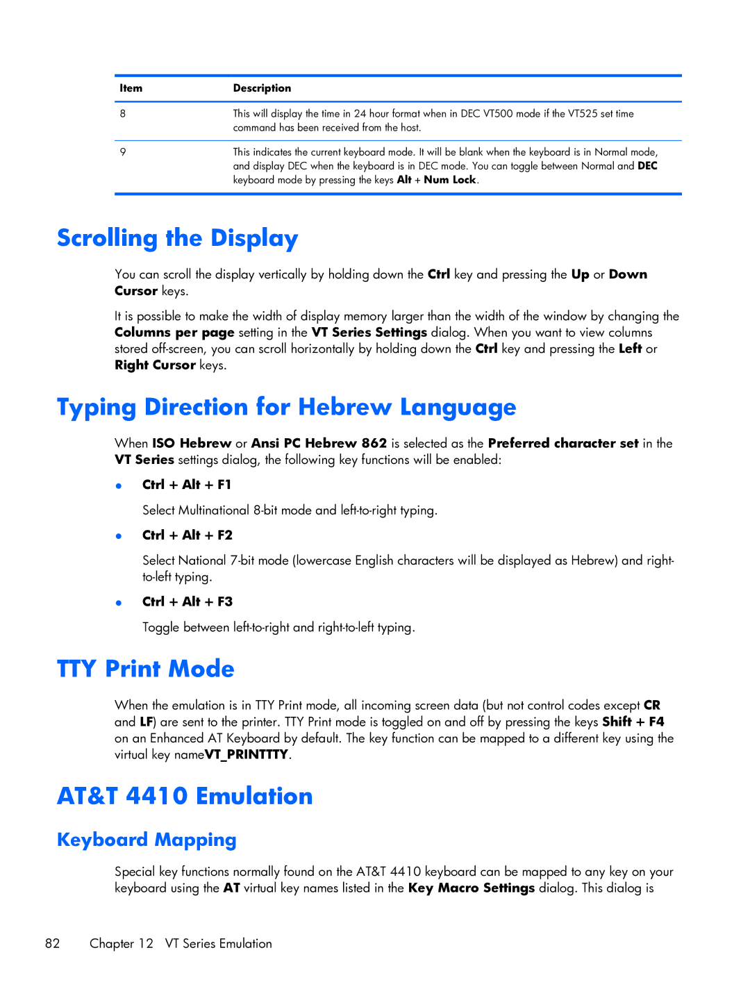 HP TeemTalk Terminal Emulator 8 E-License Scrolling the Display, Typing Direction for Hebrew Language, TTY Print Mode 