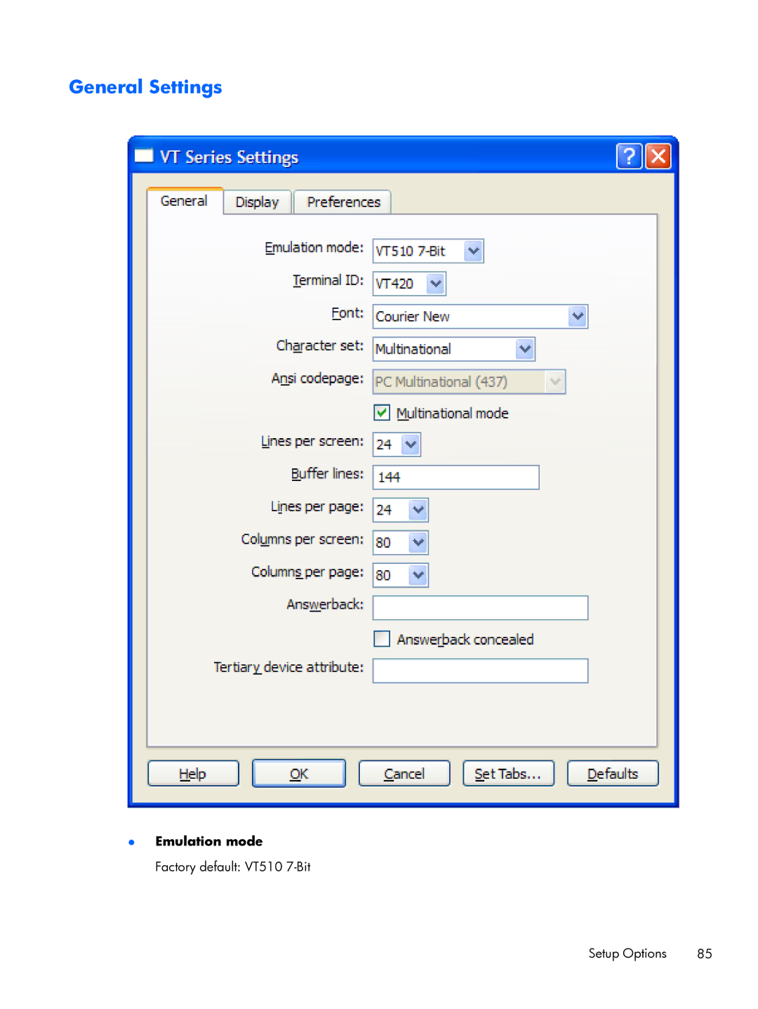 HP TeemTalk Terminal Emulator 8 E-License manual General Settings, Emulation mode 