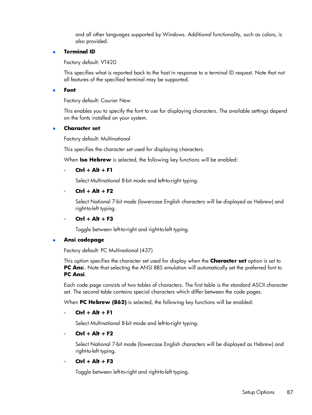 HP TeemTalk Terminal Emulator 8 E-License manual Font, Character set, Ansi codepage 