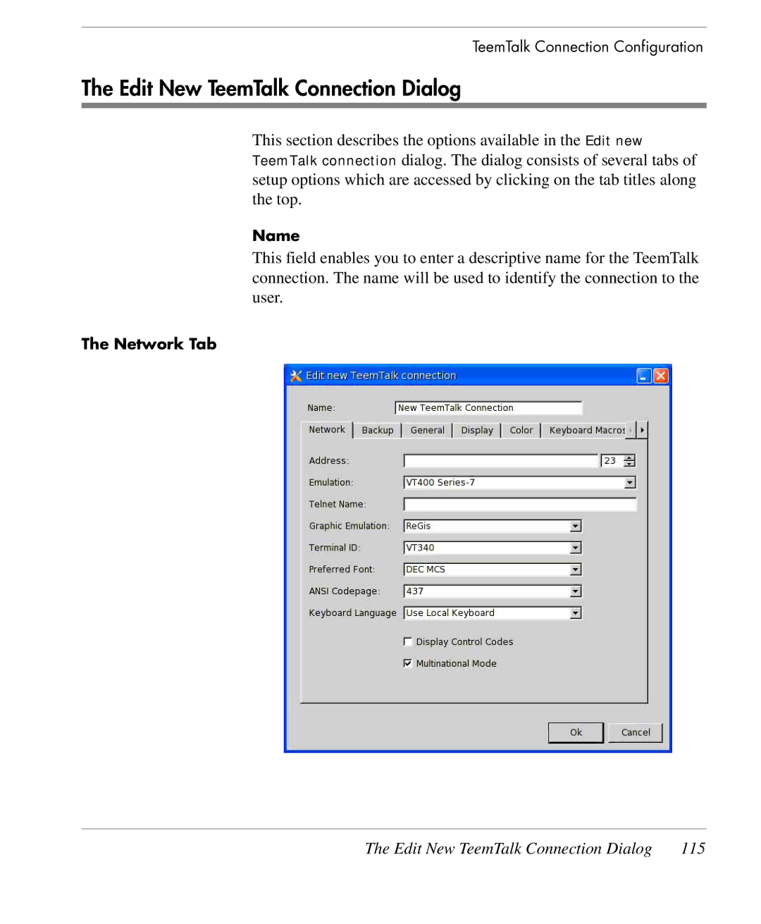 HP TeemTalk Terminal Emulator 9 E-License manual Edit New TeemTalk Connection Dialog, 115 