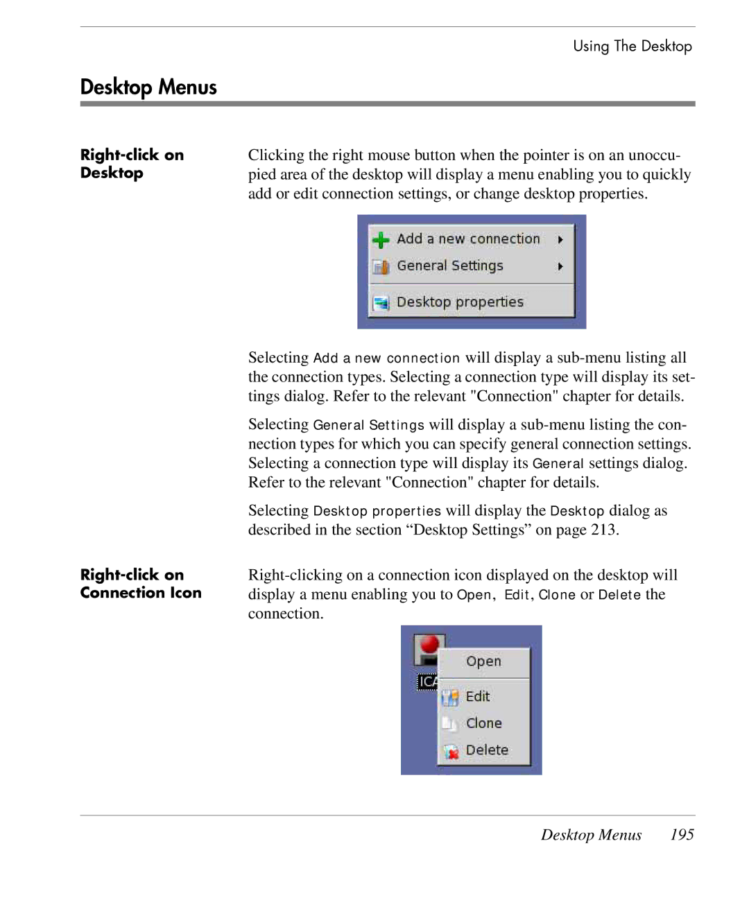 HP TeemTalk Terminal Emulator 9 E-License manual Desktop Menus 195 