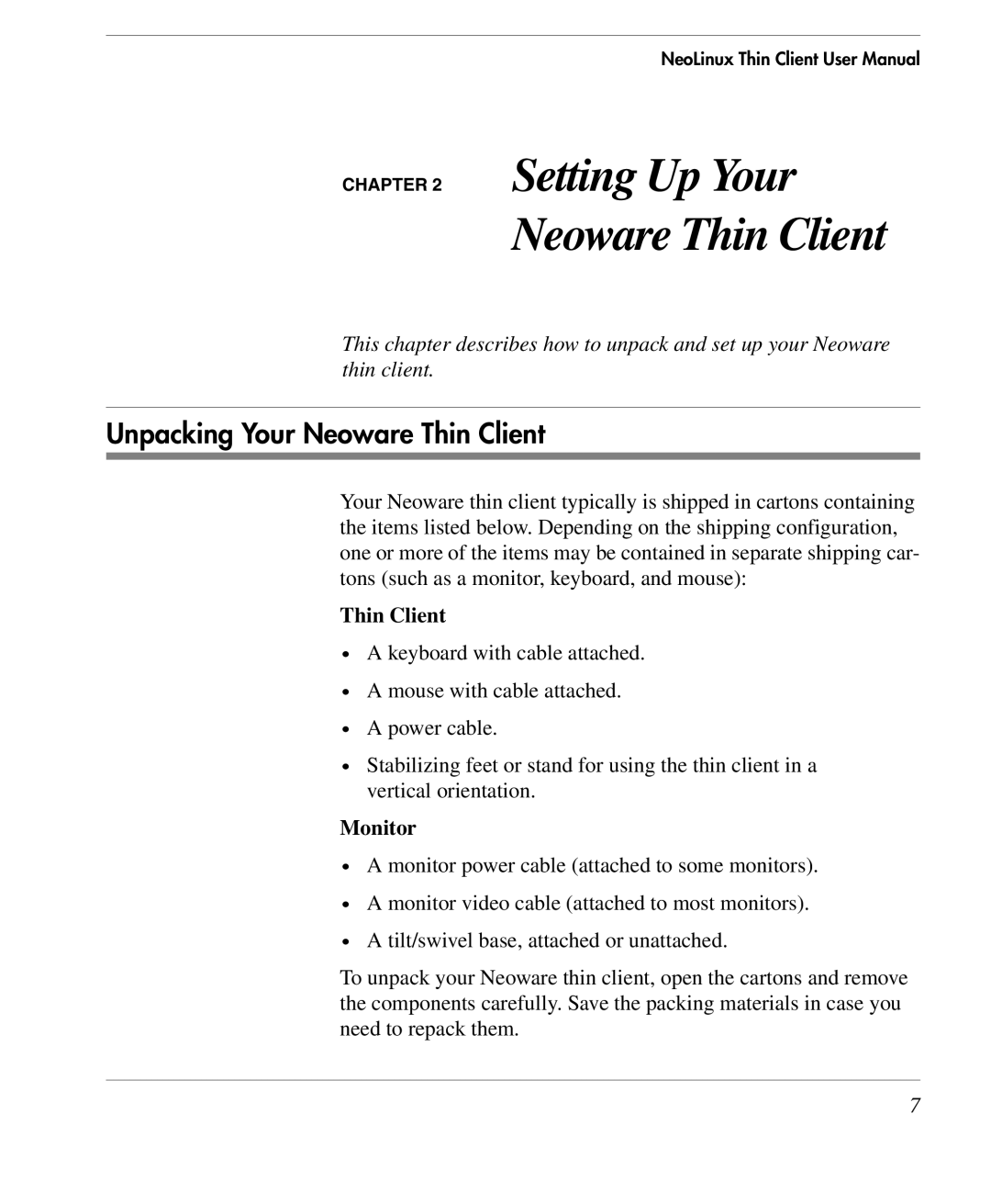 HP TeemTalk Terminal Emulator 9 E-License manual Setting Up Your Neoware Thin Client, Unpacking Your Neoware Thin Client 