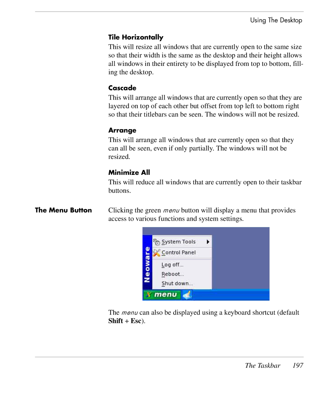 HP TeemTalk Terminal Emulator 9 E-License manual Shift + Esc, Taskbar 197 