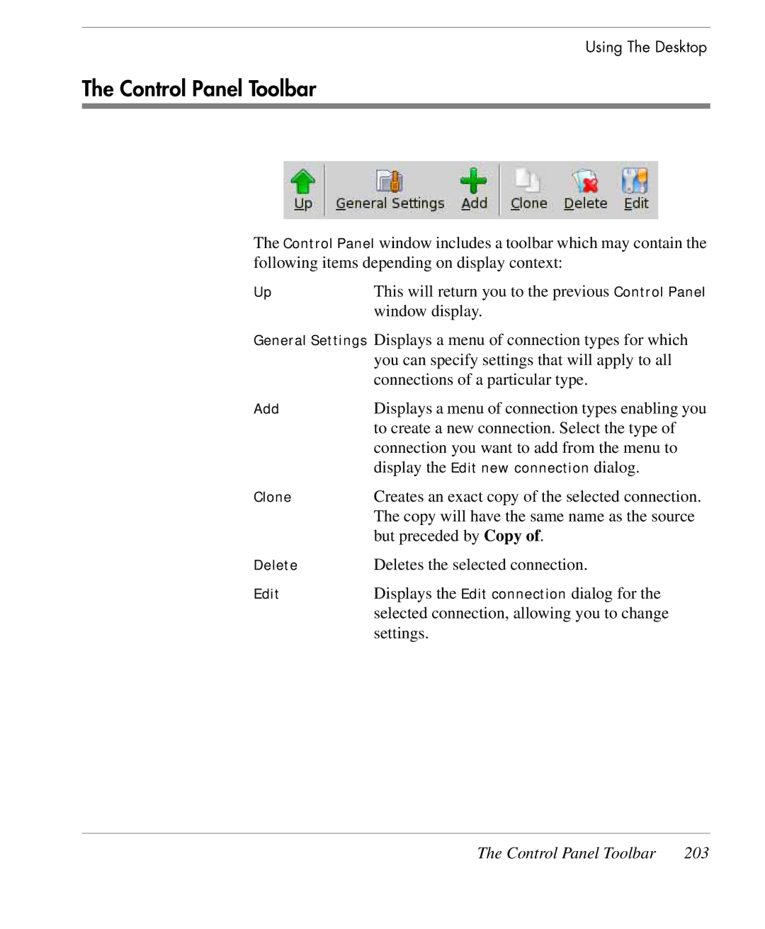 HP TeemTalk Terminal Emulator 9 E-License manual Control Panel Toolbar 203 