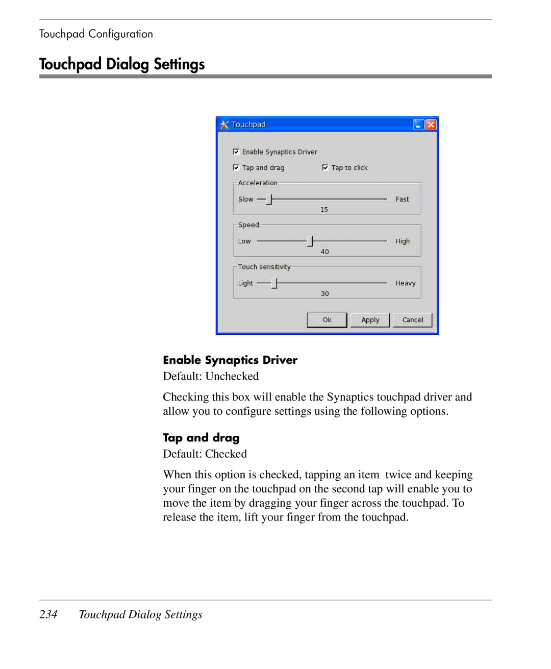 HP TeemTalk Terminal Emulator 9 E-License manual Touchpad Dialog Settings 