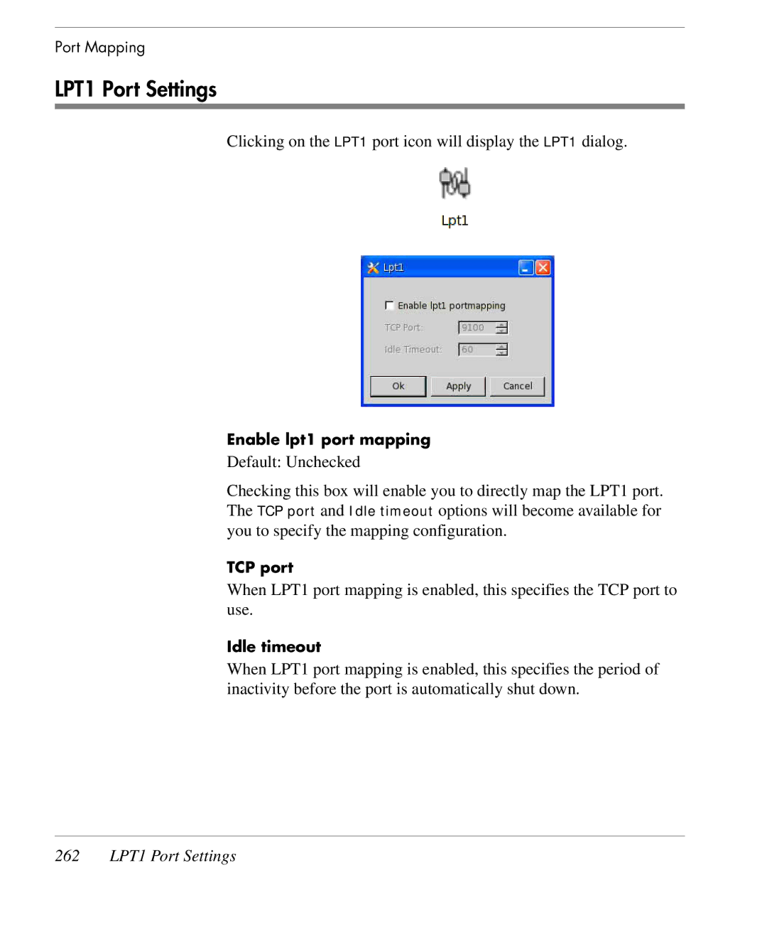 HP TeemTalk Terminal Emulator 9 E-License manual 262 LPT1 Port Settings 