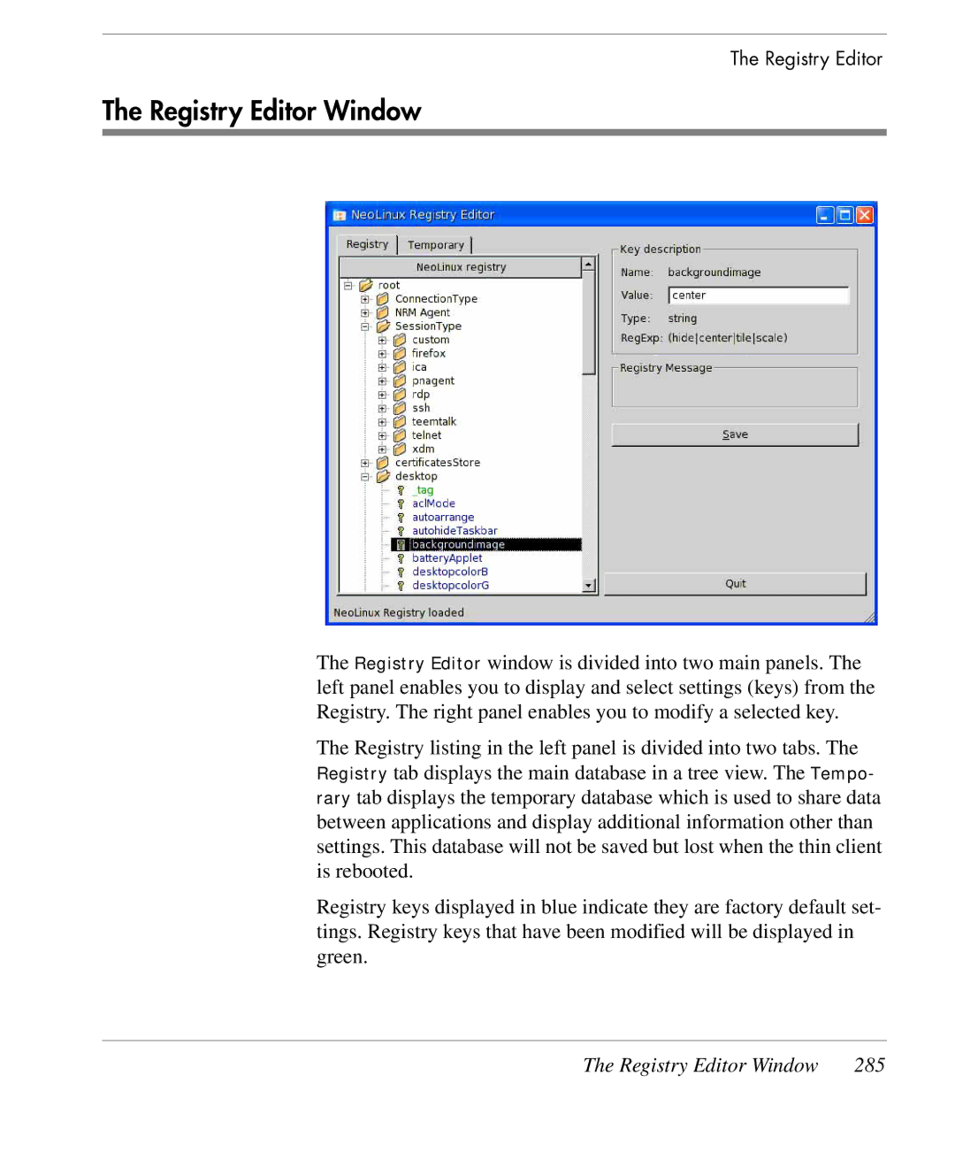 HP TeemTalk Terminal Emulator 9 E-License manual Registry Editor Window 285 