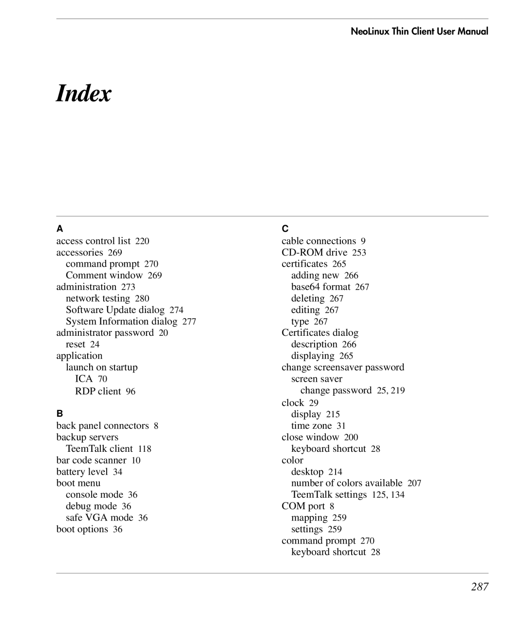 HP TeemTalk Terminal Emulator 9 E-License manual Index, 287 