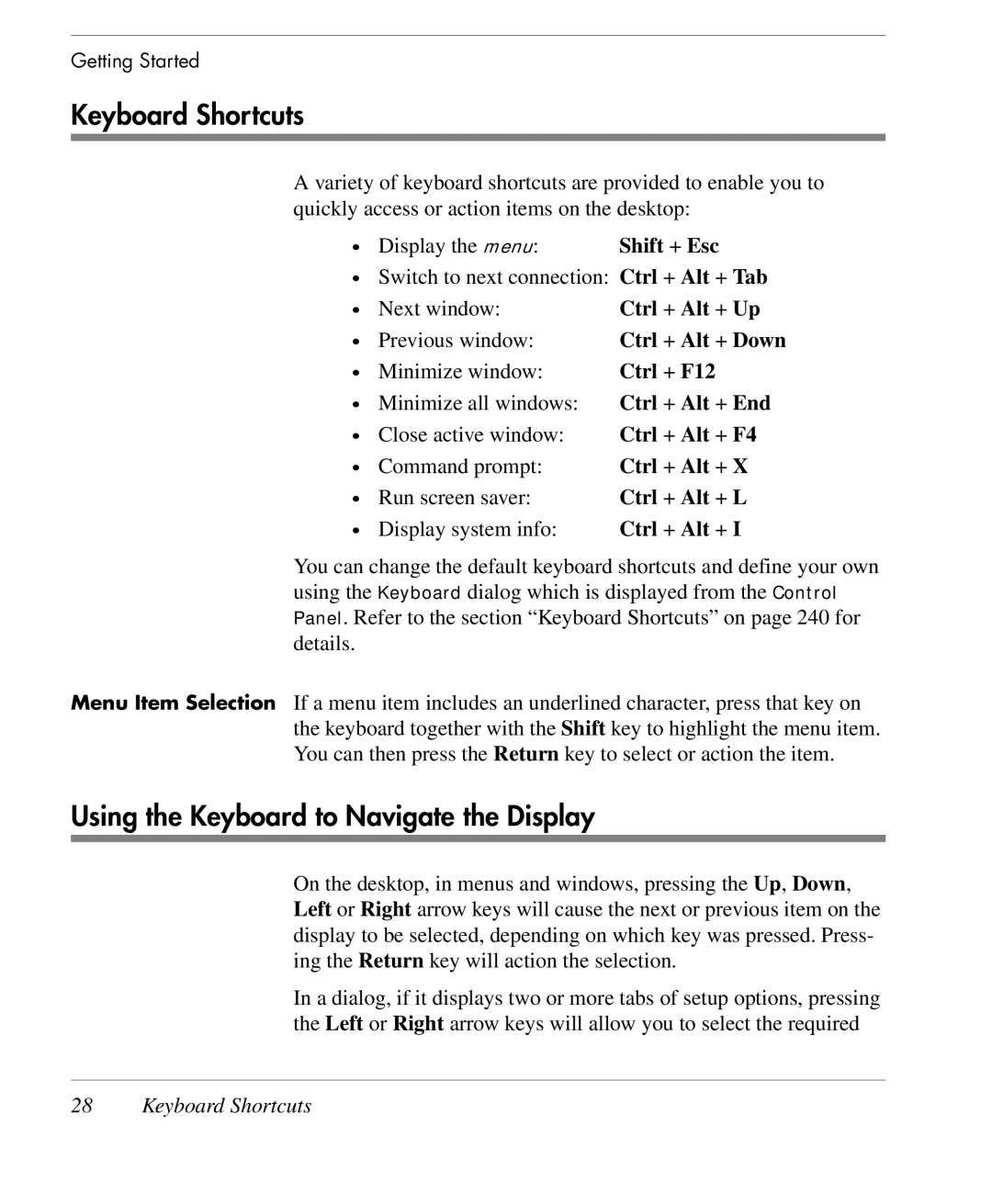 HP TeemTalk Terminal Emulator 9 E-License manual Keyboard Shortcuts, Using the Keyboard to Navigate the Display 