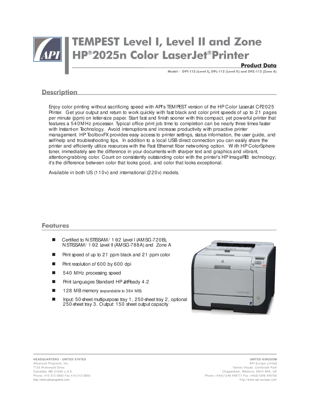 HP Tempest 2025n manual Description, Features 