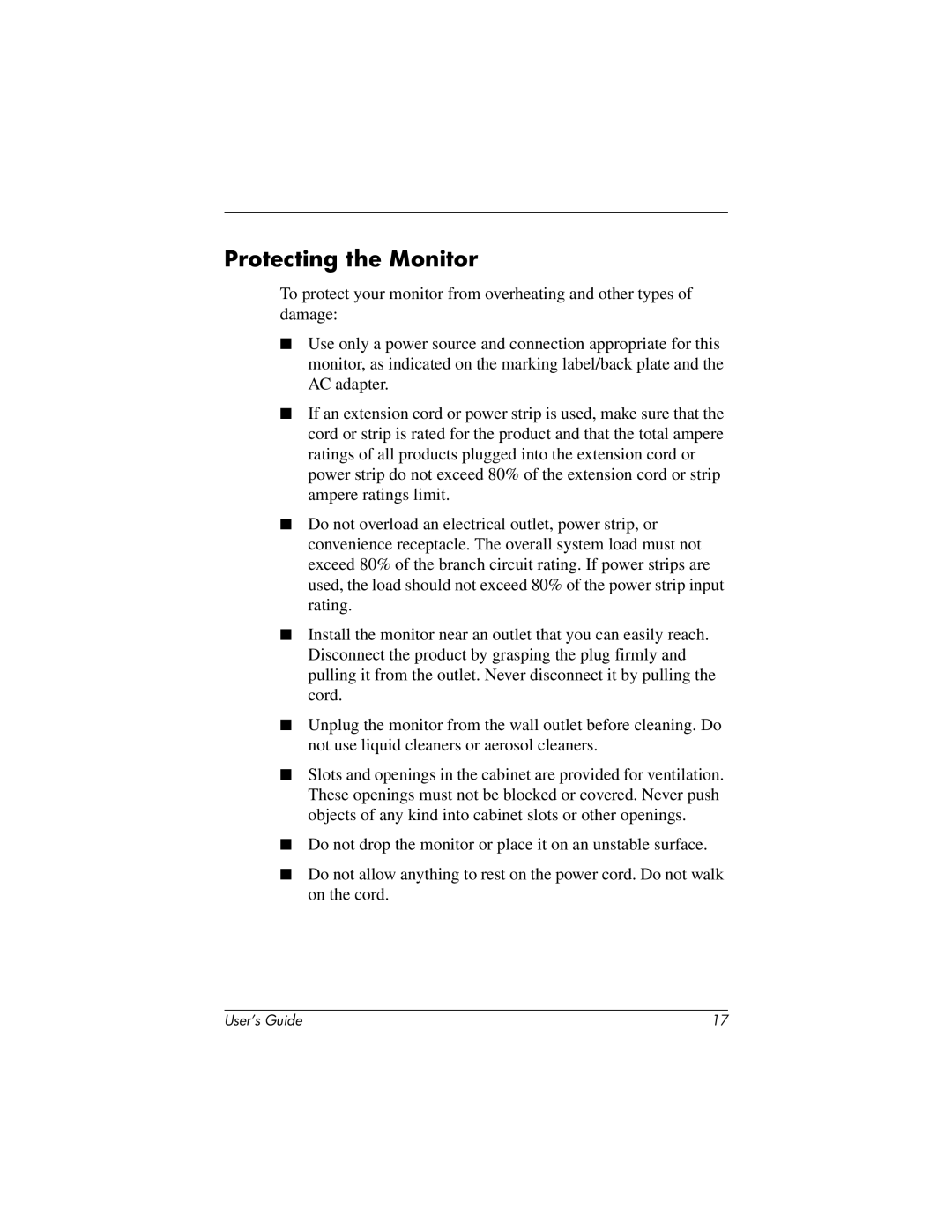 HP TFT 1825 manual Protecting the Monitor 