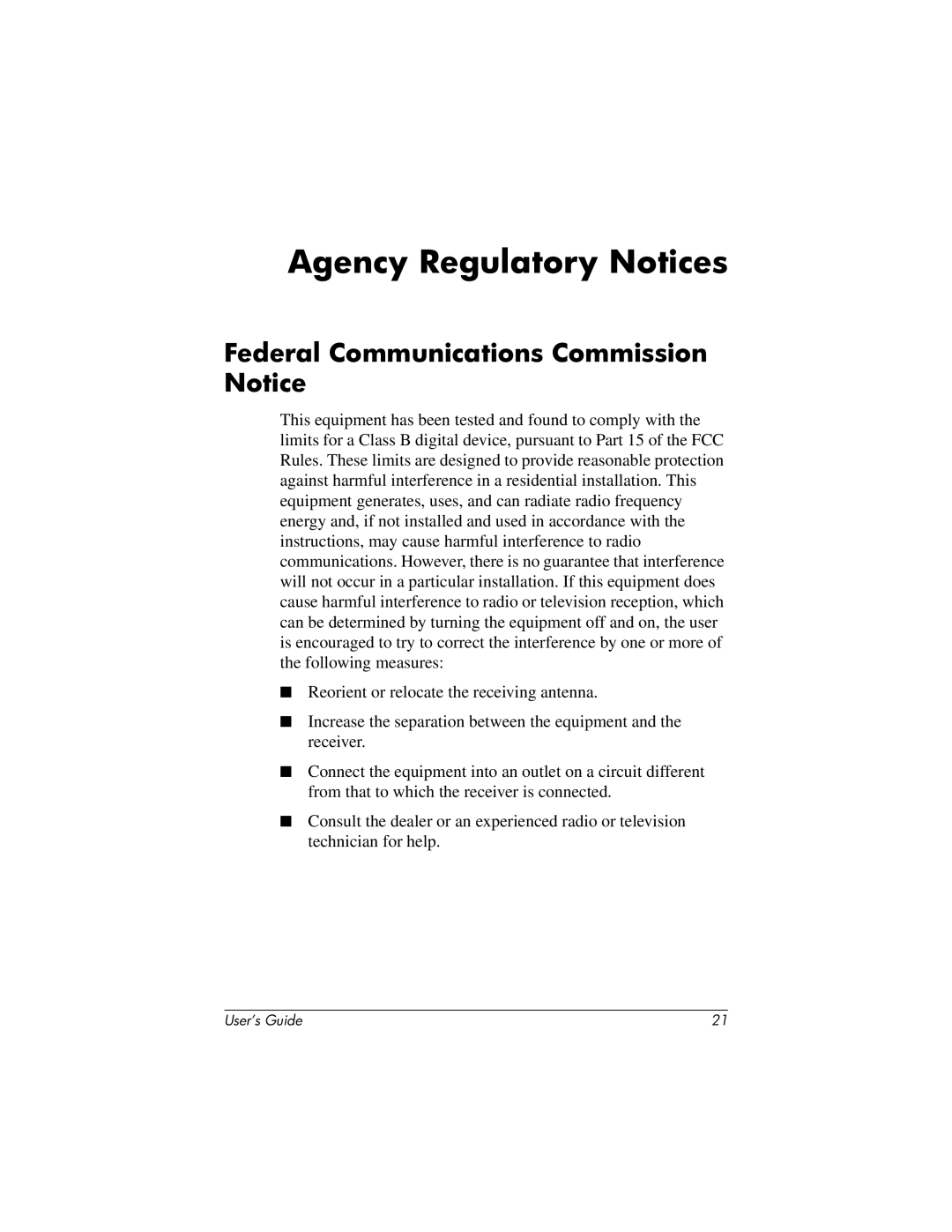 HP TFT 1825 manual Agency Regulatory Notices, Federal Communications Commission Notice 