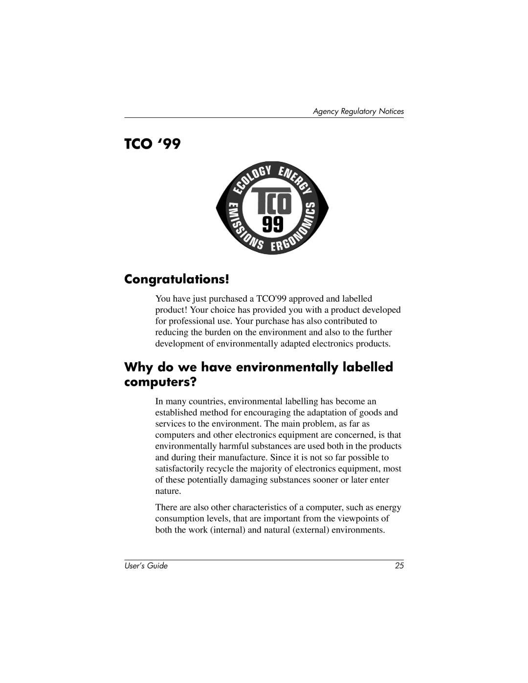 HP TFT 1825 manual TCO ‘99, Congratulations, Why do we have environmentally labelled computers? 