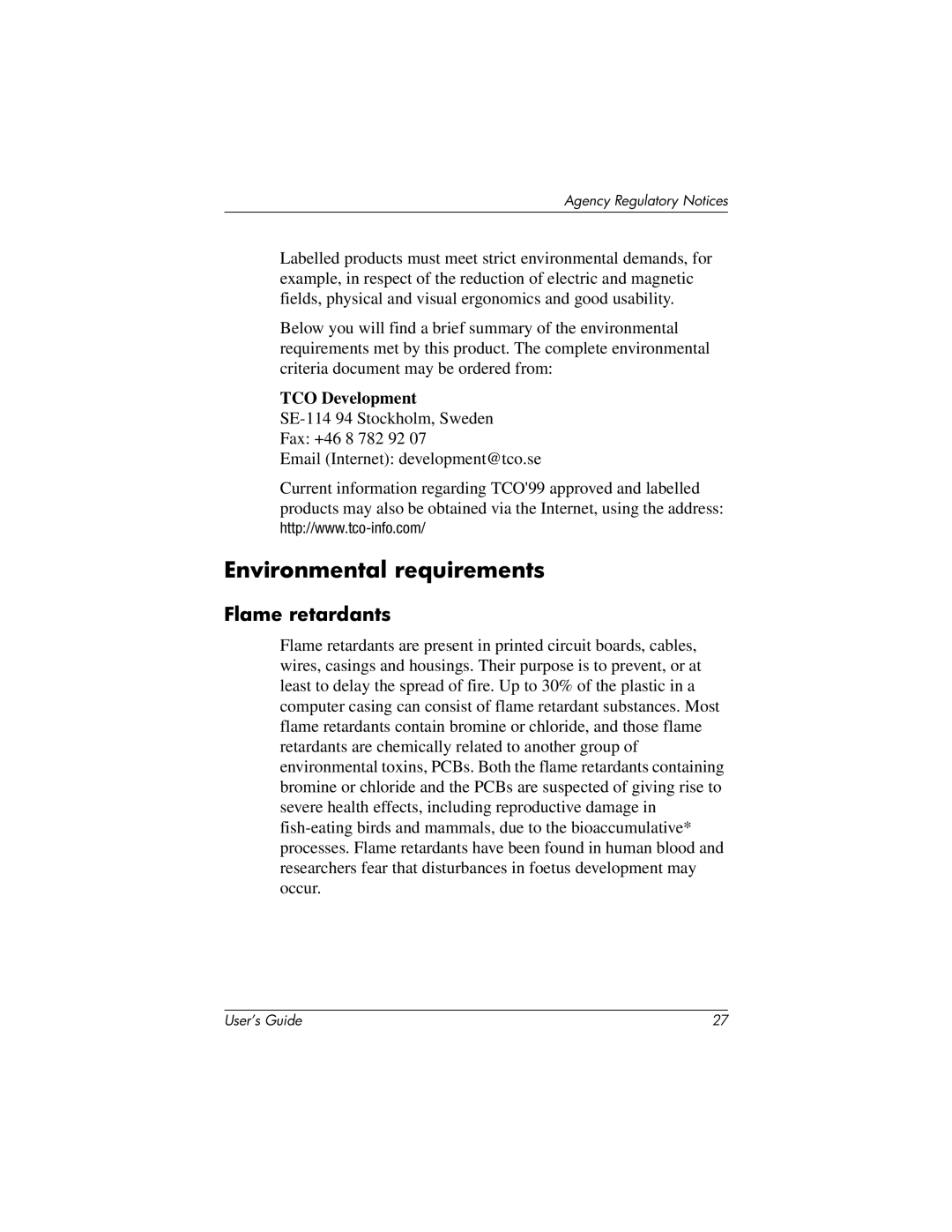 HP TFT 1825 manual Environmental requirements, TCO Development 