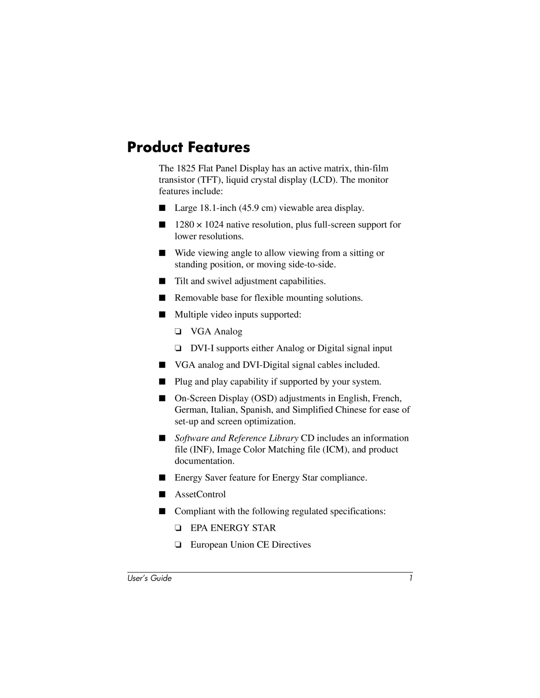 HP TFT 1825 manual Product Features 