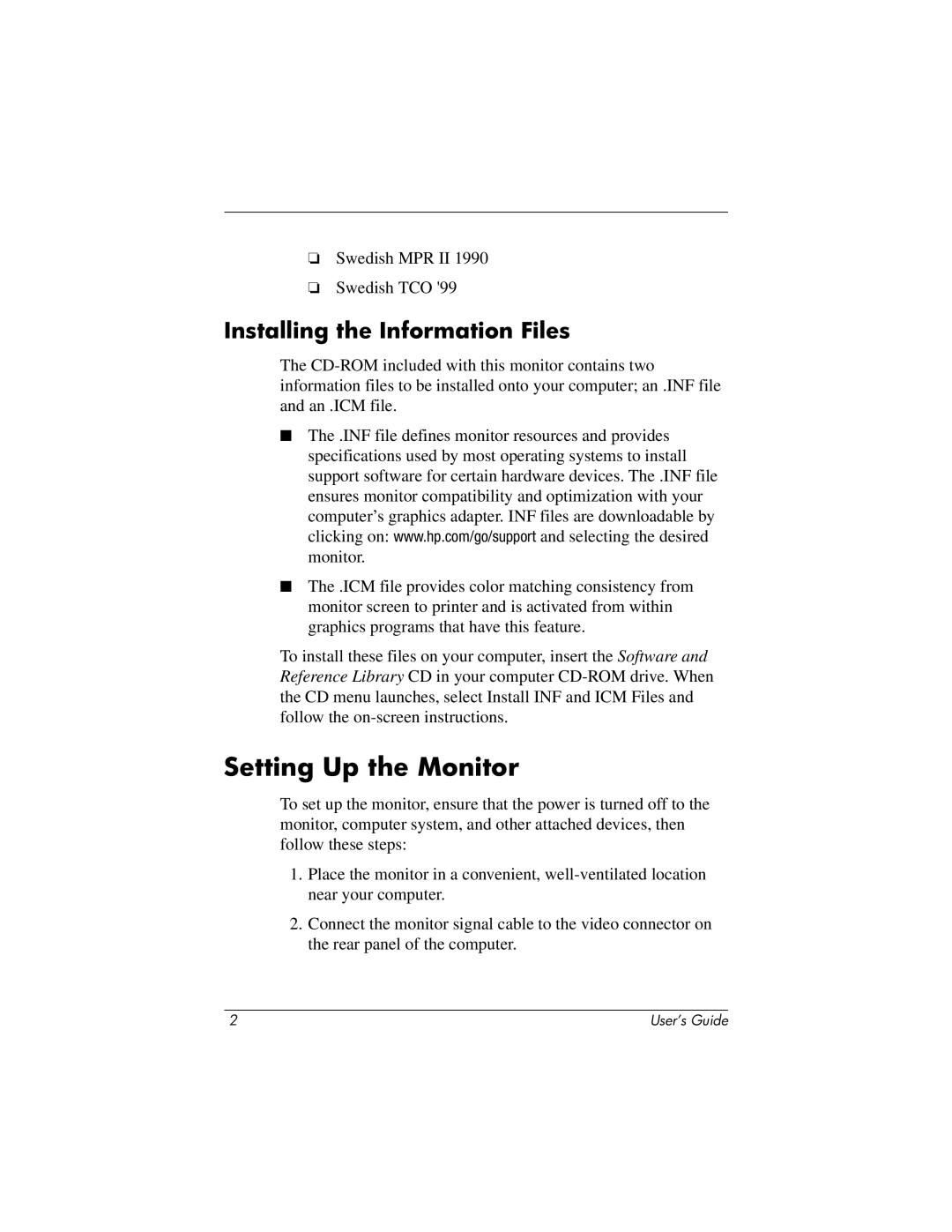 HP TFT 1825 manual Setting Up the Monitor, Installing the Information Files 