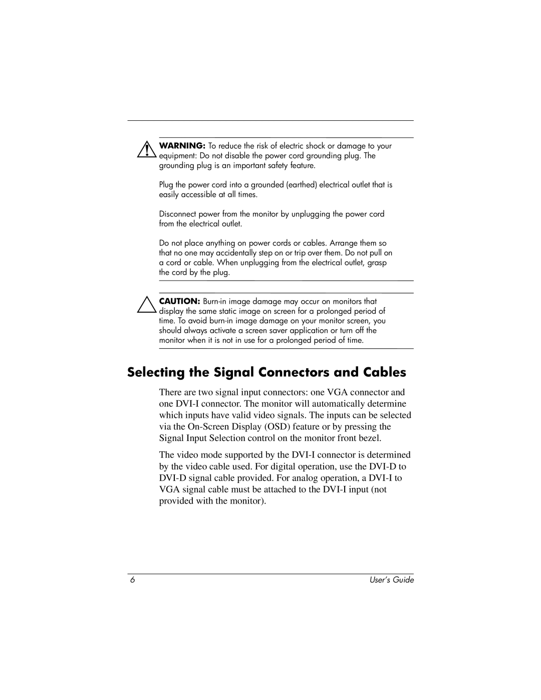 HP TFT 1825 manual Selecting the Signal Connectors and Cables 