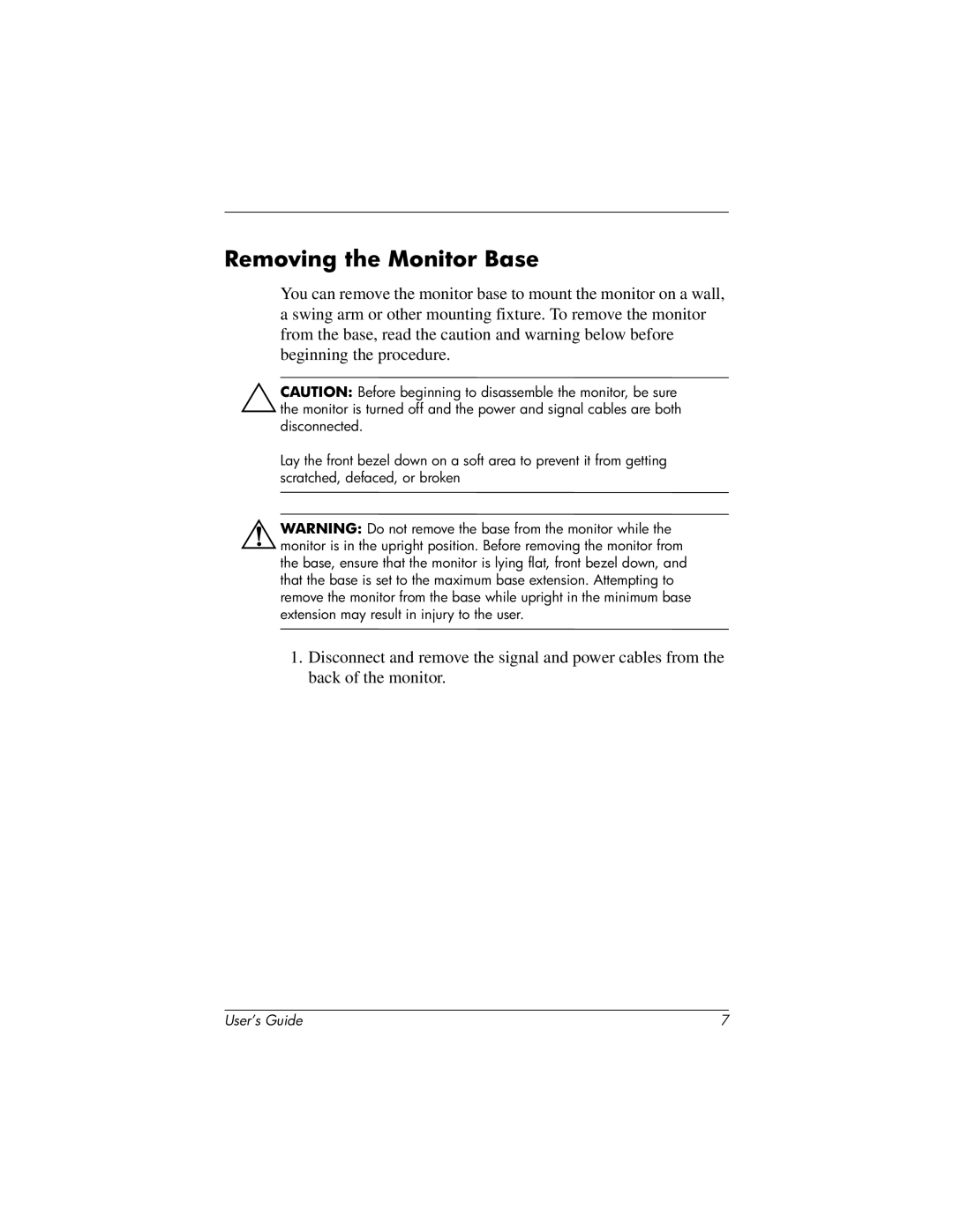 HP TFT 1825 manual Removing the Monitor Base 